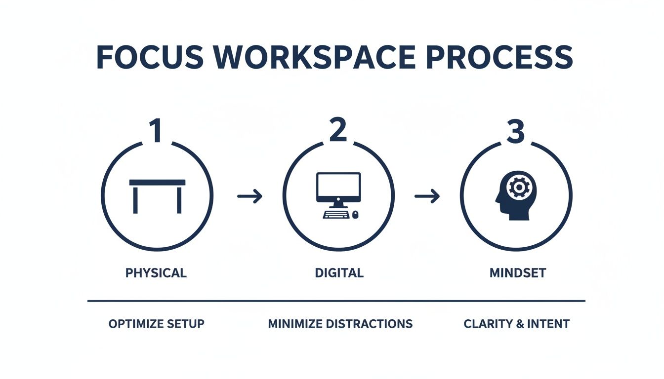 A diagram showing the focus workspace process with steps for physical, digital, and mindset.