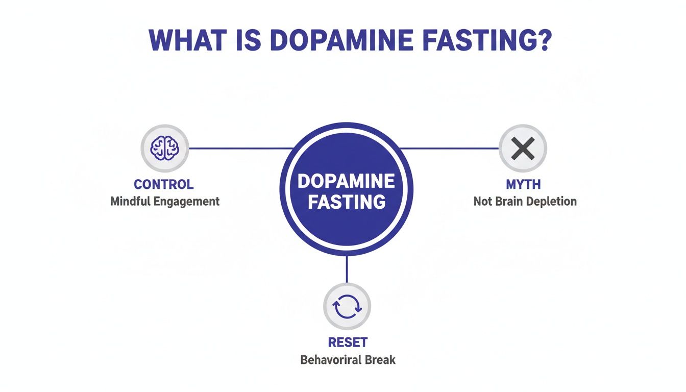 A diagram explaining what is dopamine fasting as mindful engagement, a behavioral break, and not brain depletion.