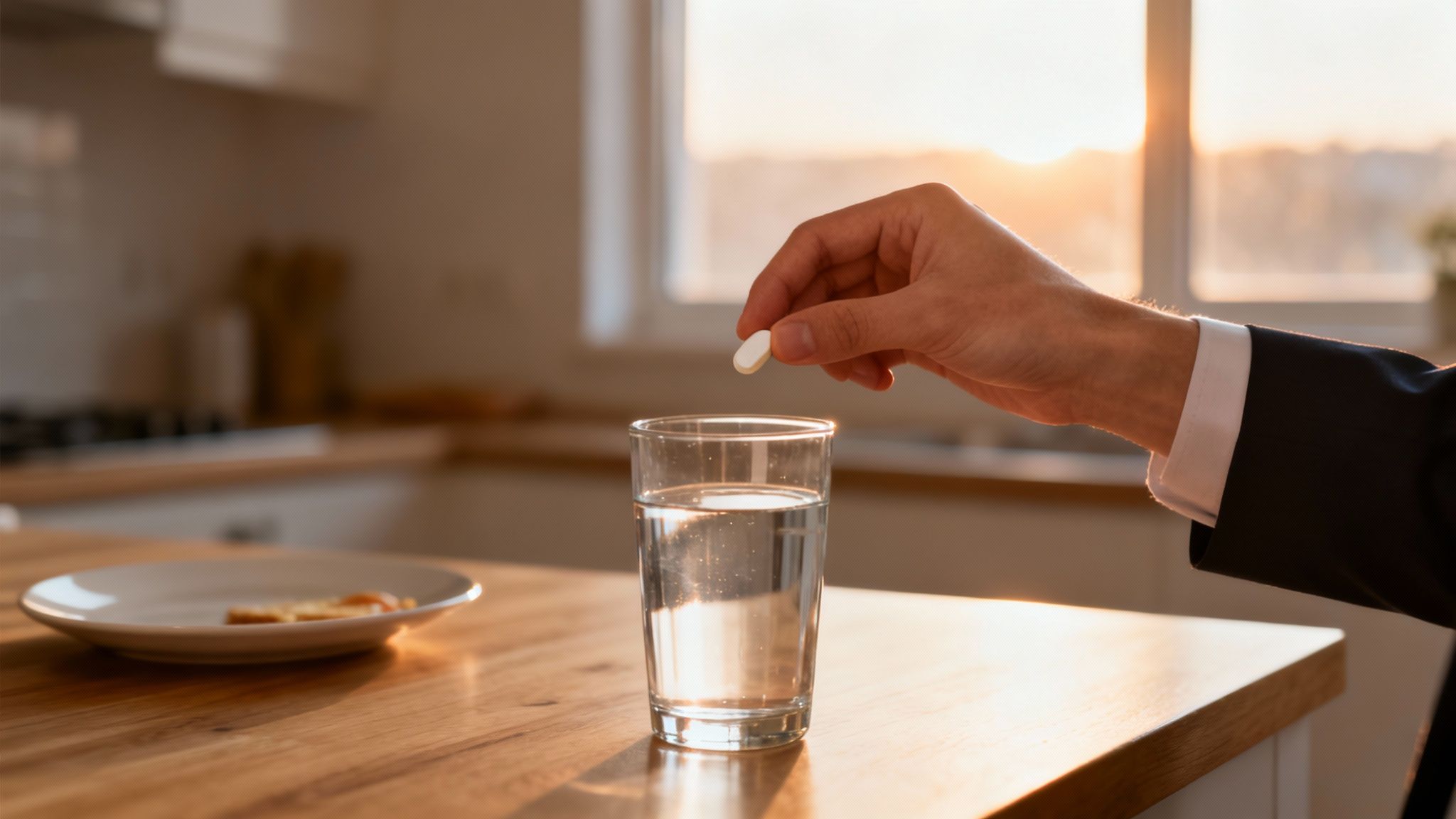 A hand holds a white pill above a glass of water on a sunlit kitchen counter, highlighting the best time of day to take vitamin b12 with a simple daily routine.