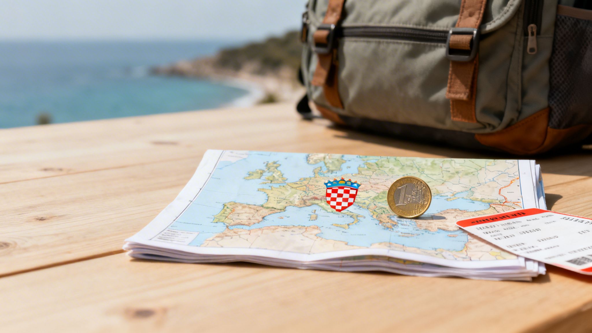 Croatia is Europe travel flat-lay with a map, Croatian flag, Euro coin, ticket, and backpack on a wooden table overlooking the sea.