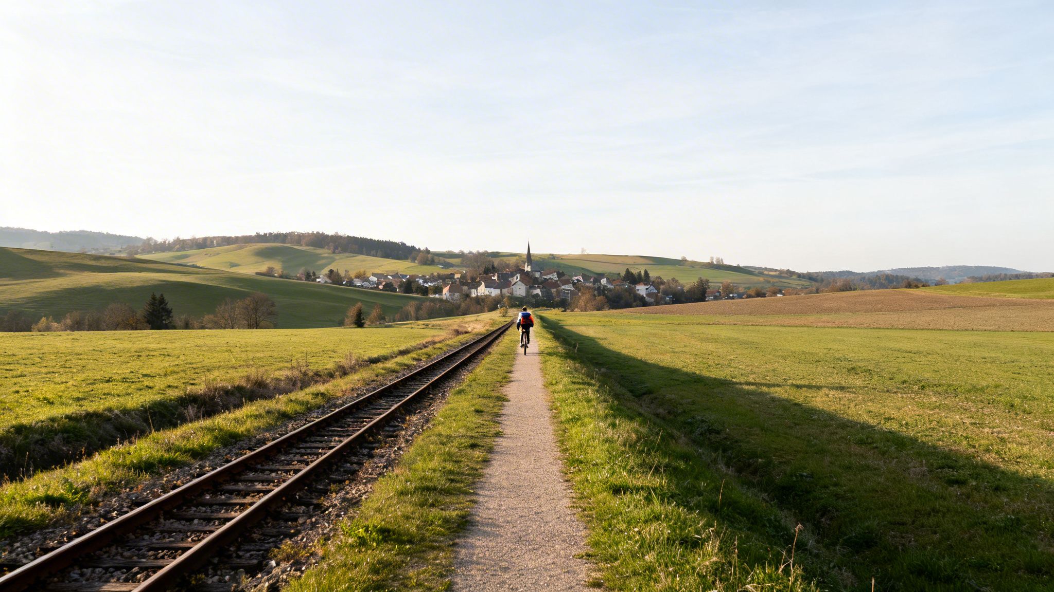 What is a greenway shown by a cyclist riding a shared-use path beside train tracks toward a village in green rolling hills.