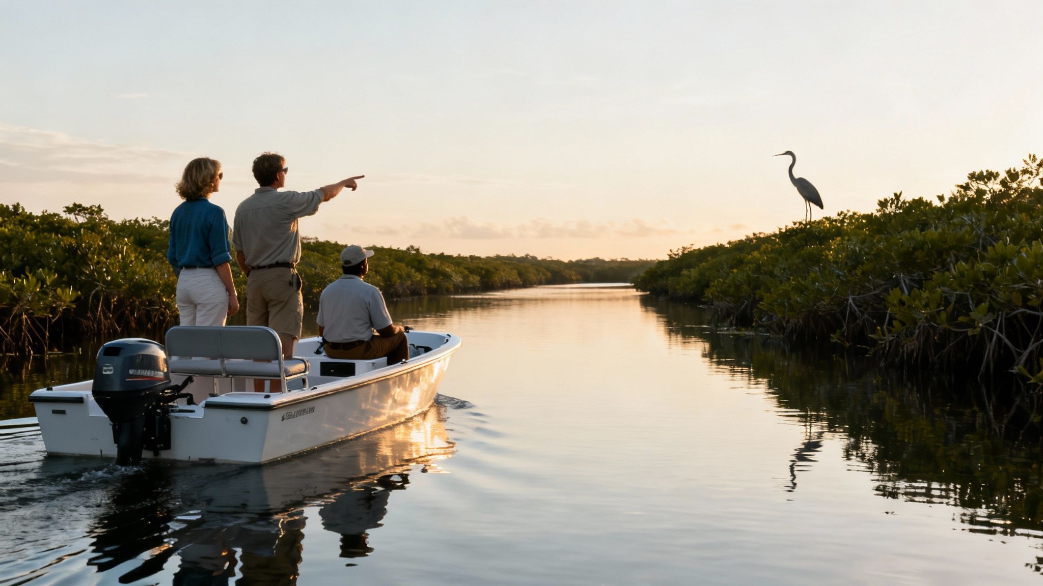 Responsible wildlife tourism: three people on a boat quietly observe a heron at sunset on a mangrove-lined river.