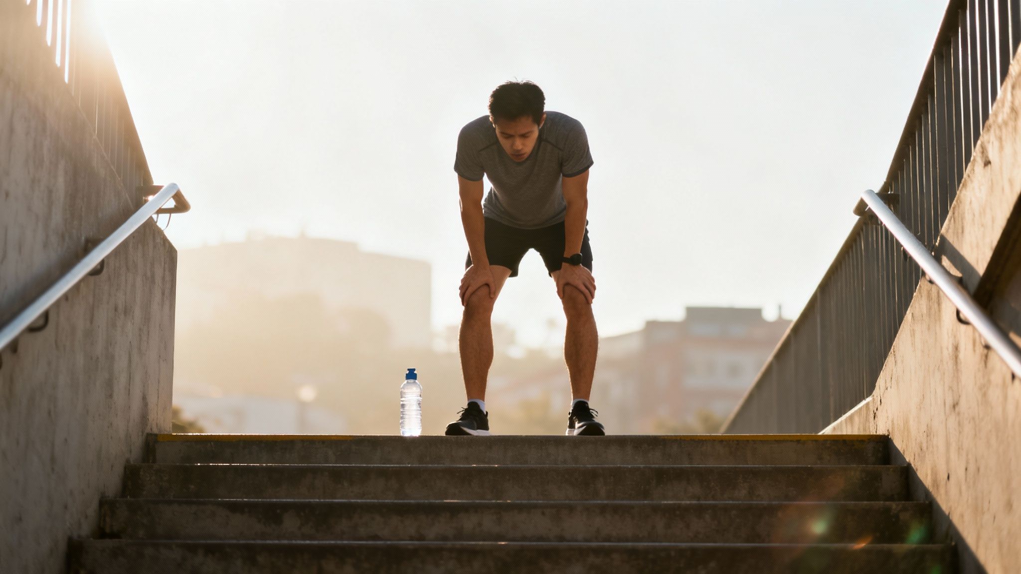 Person doing stair sprints next to a work desk—an energizing micro-workout that supports how to improve mental clarity by boosting focus and reducing brain fog.

