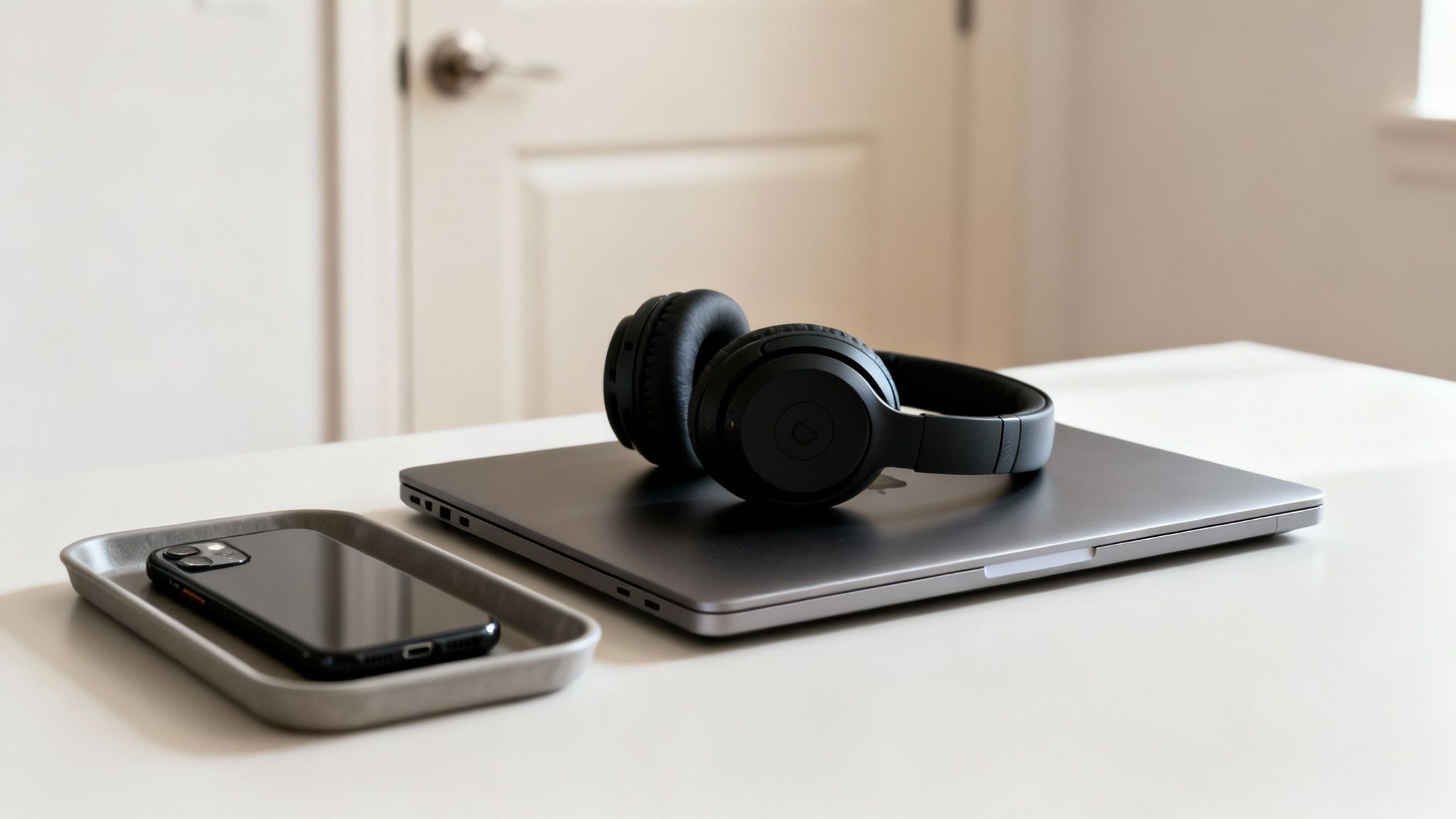 Remote work productivity tips: modern remote work desk setup with a closed laptop, black headphones, and a smartphone on a tray.