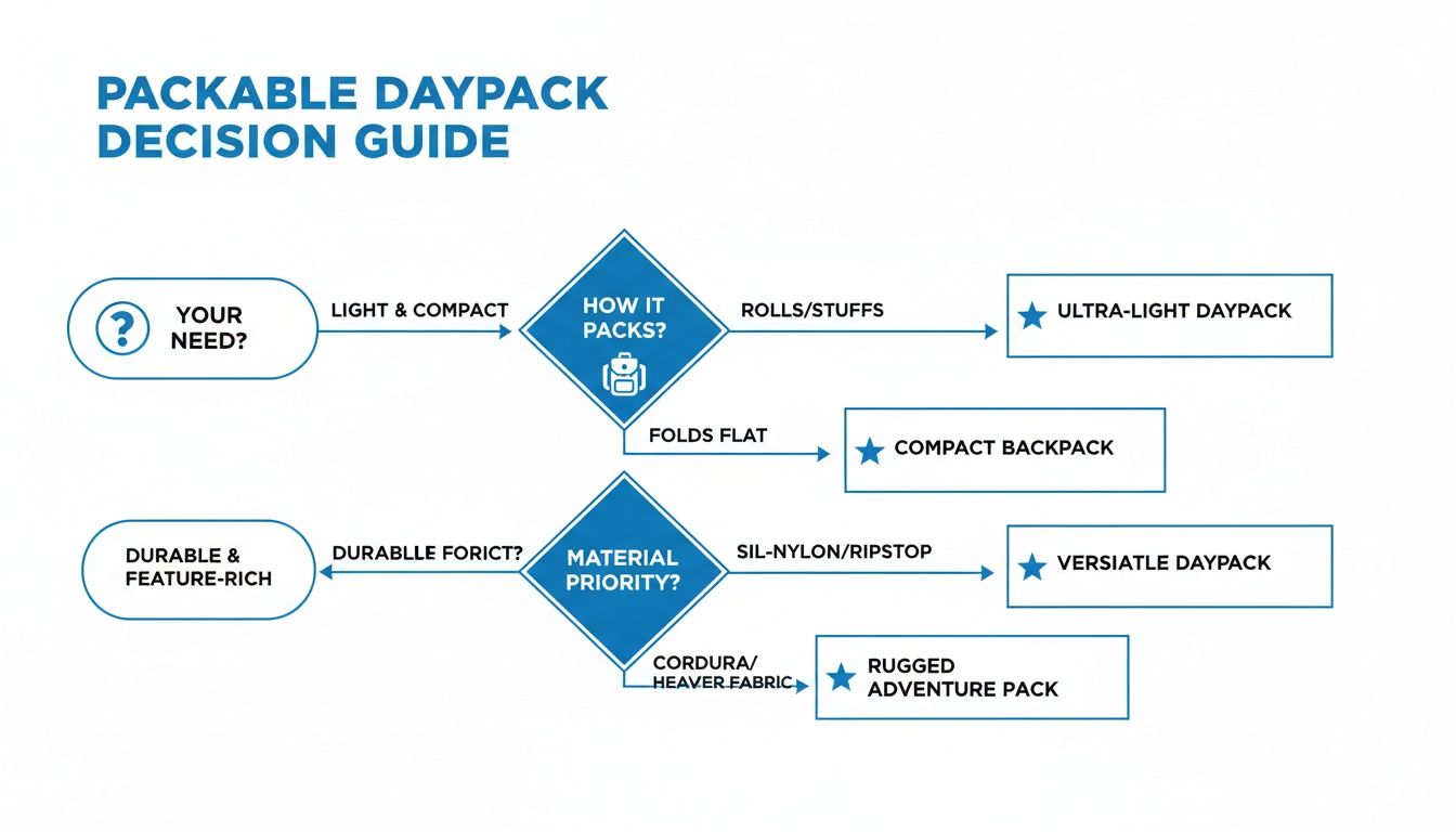 A packable daypack decision guide flowchart to help users choose the best packable daypack based on their needs.