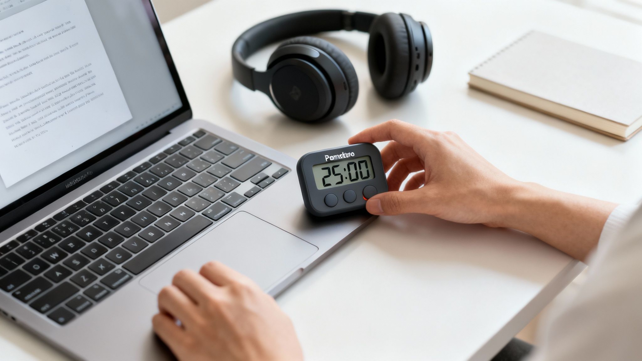 A person's hands using a Pomodoro timer for managing competing priorities.