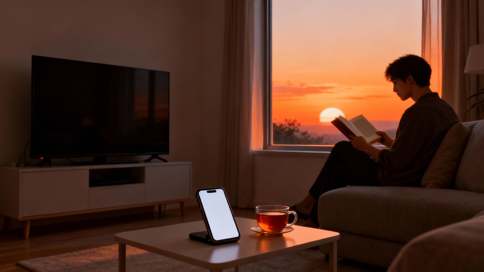 Digital detox tips — a person reading a physical book on a sofa during a vibrant sunset, away from digital screens, representing an evening “digital sunset” routine for better sleep and focus.