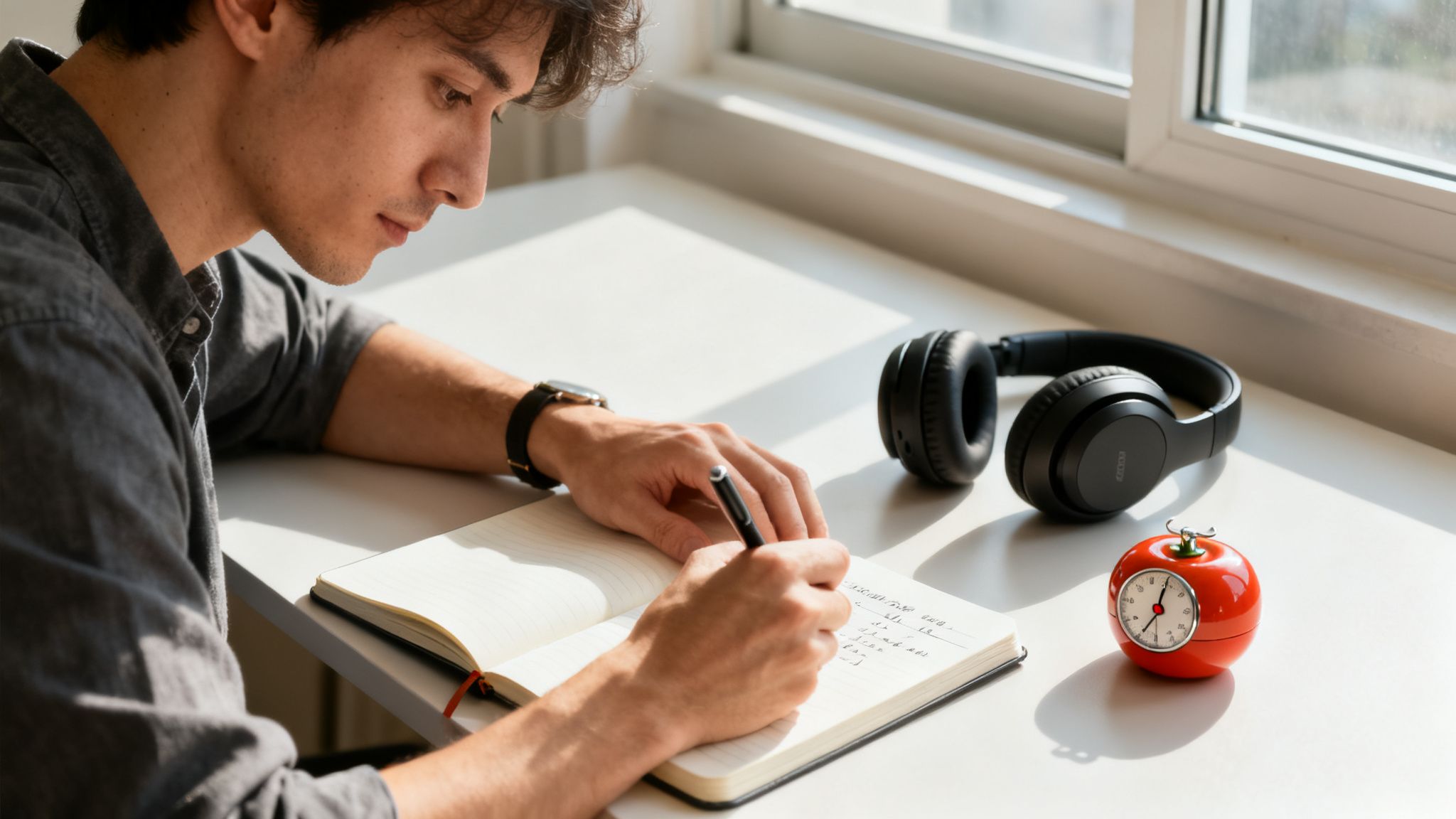 Young man journaling at a sunlit desk with headphones and a timer, demonstrating social media detox benefits through focused, distraction-free note-taking.