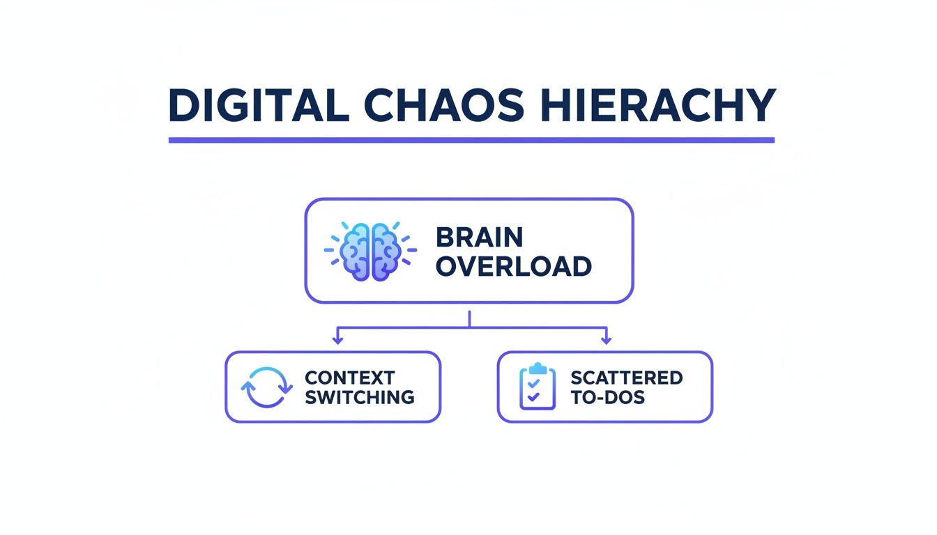 Digital Chaos Hierarchy diagram with Brain Overload leading to Context Switching and Scattered To-Dos, illustrating the need for a focus portal.