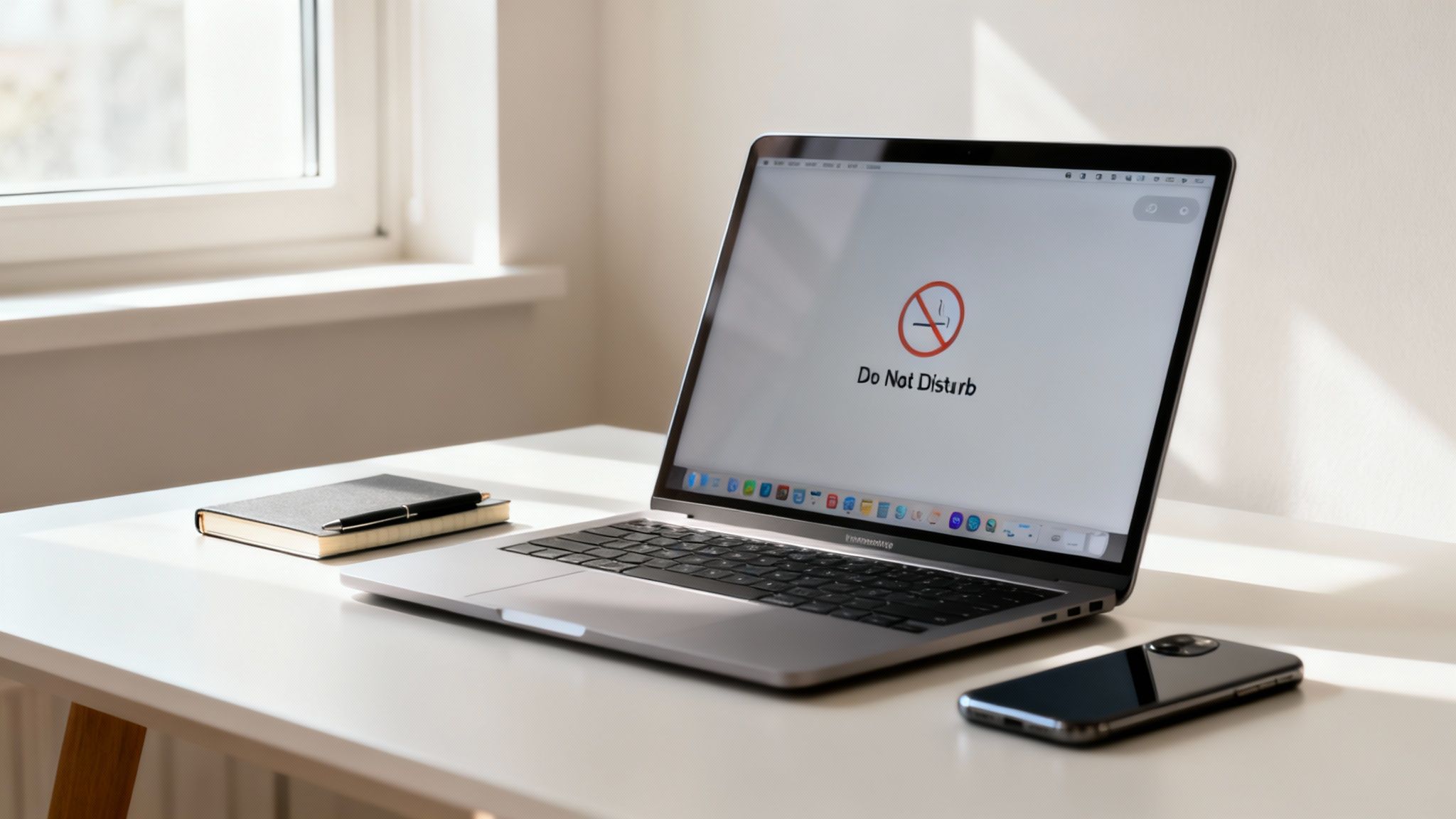 A minimalist workspace with a laptop in 'Do Not Disturb' mode, showing a clear intention of how to be present for work.