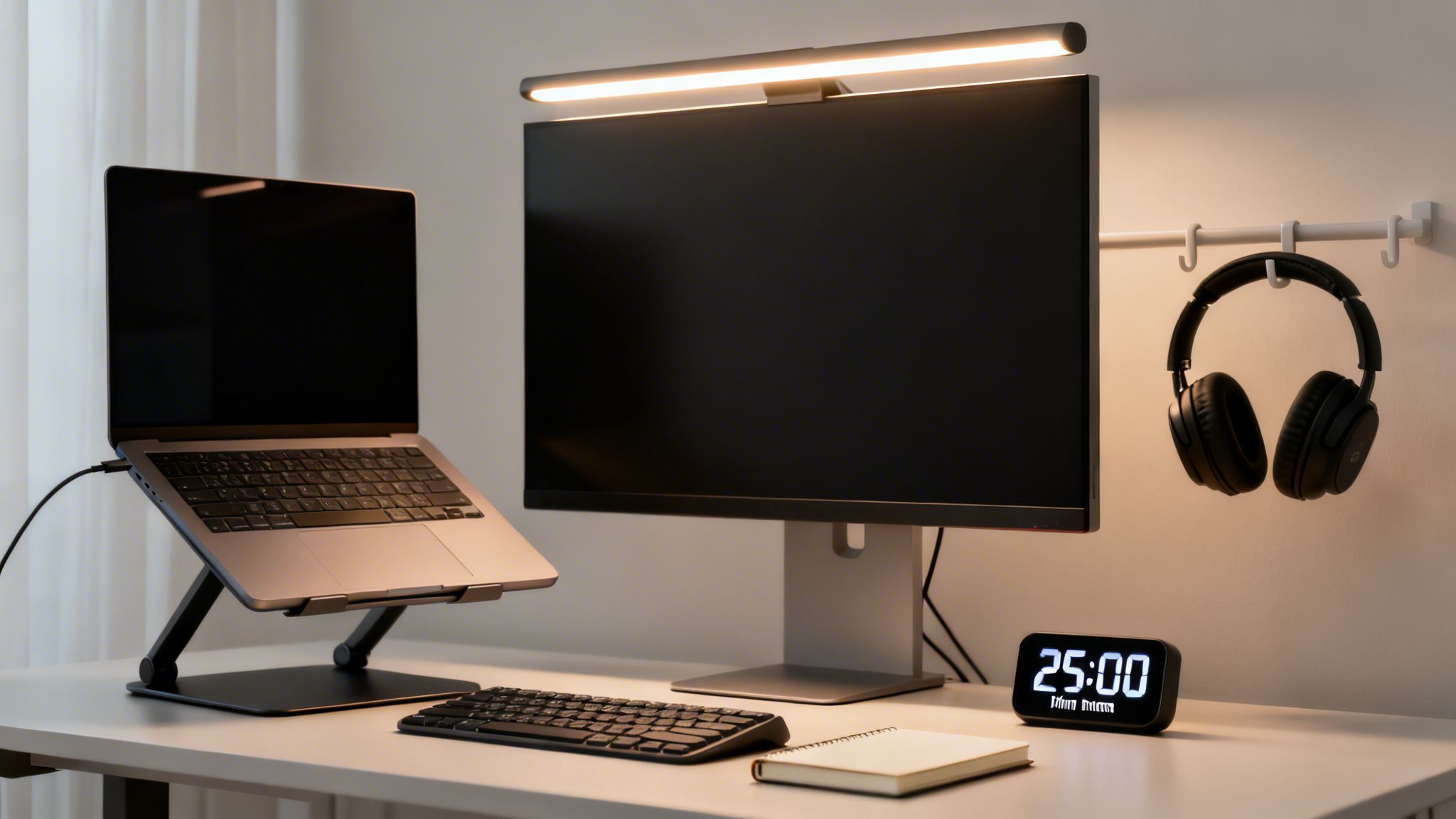 A minimalist home office desk with a laptop, monitor, headphones, and a digital clock.