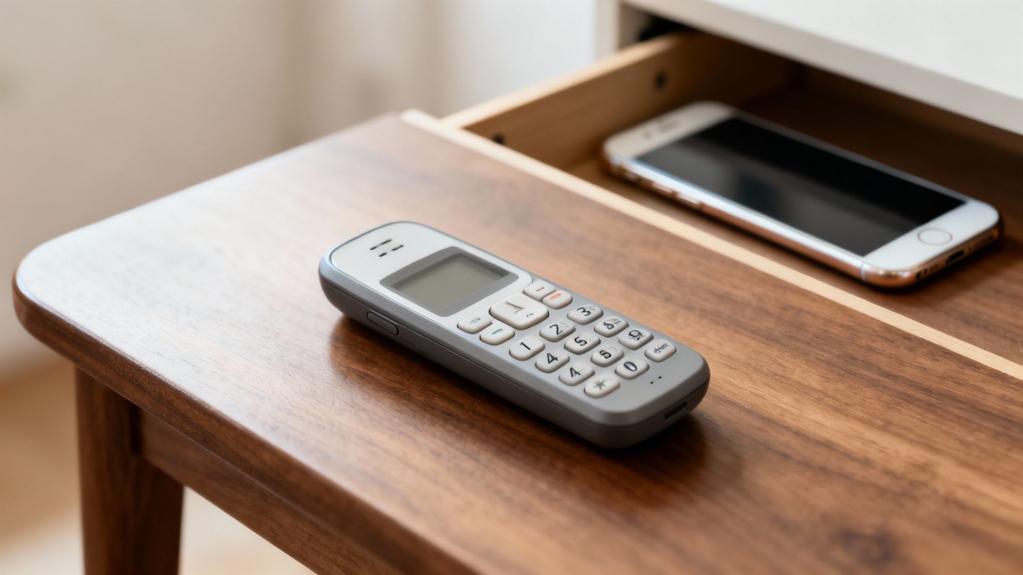 Digital detox tips — a vintage gray mobile phone on a wooden table, with a modern smartphone stored in a drawer