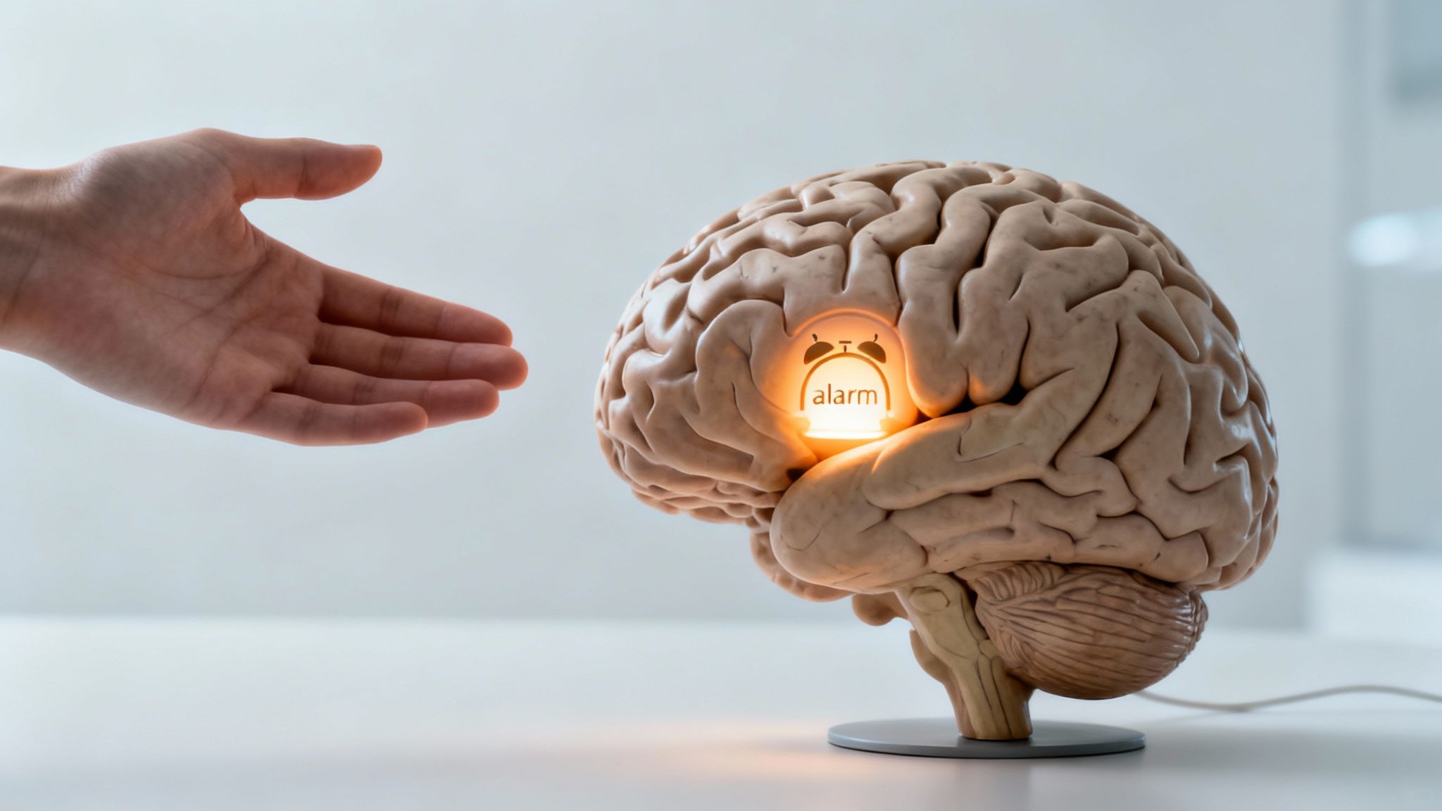Limbic system retraining visualization β glowing brain hovering above a tidy workspace, representing reduced stress reactivity and improved emotional regulation