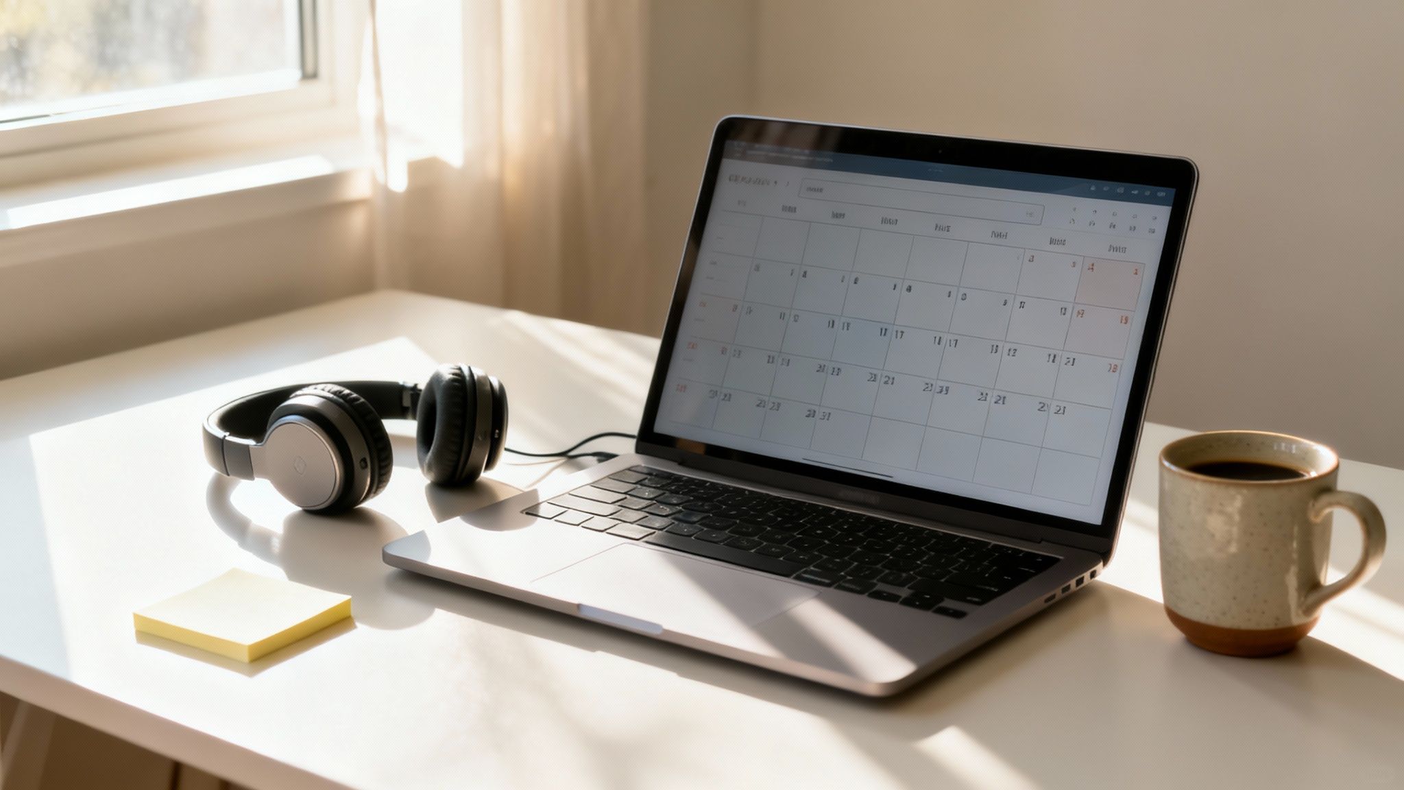 How to deal with anxiety at work: a bright workspace with a laptop displaying a calendar, headphones, coffee mug, and sticky notes on a desk.