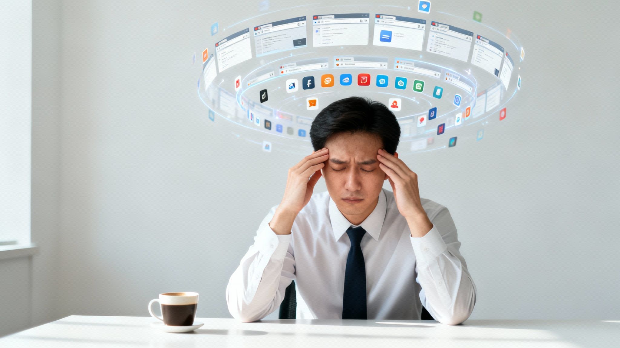 What is cognitive overload alt text: A man clutches his head as swirling app icons and browser windows surround him, illustrating what is cognitive overload caused by constant digital distractions.