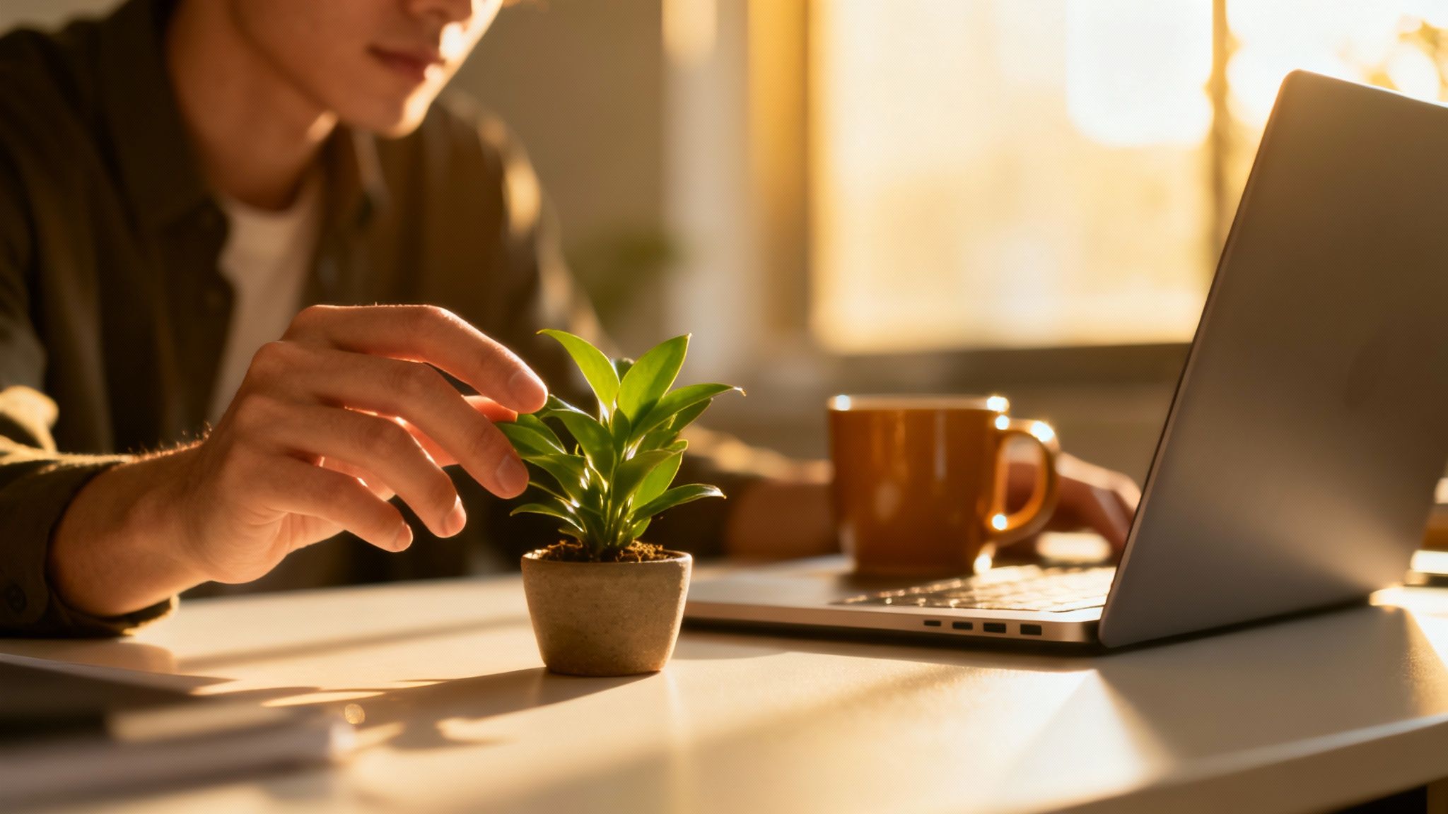 How to calm down: a person working on a laptop at a sunny desk while gently touching a small potted plant for a calming moment.