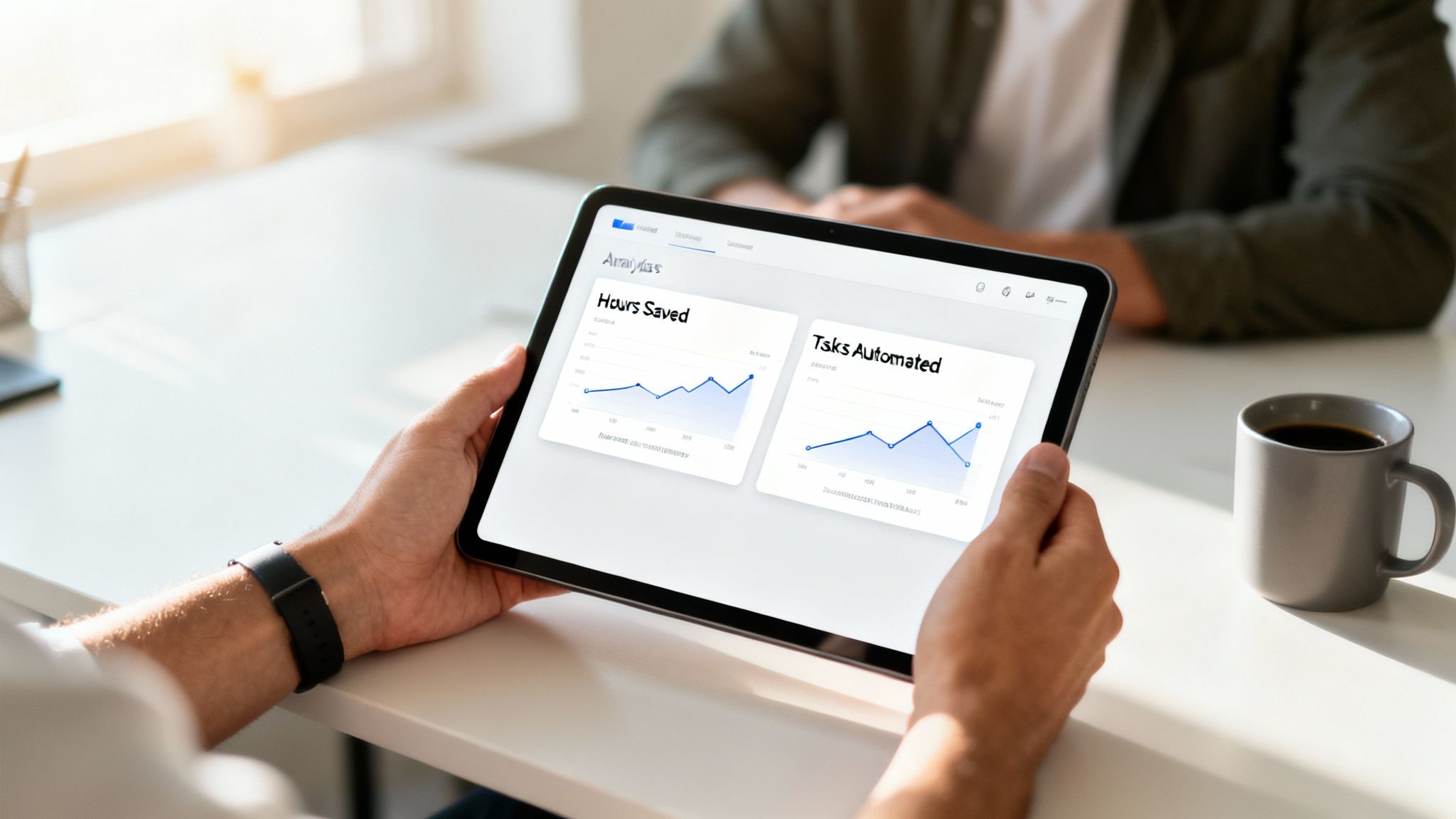 How to automate repetitive tasks: close-up of hands holding a tablet showing business analytics dashboards with hours saved, workflows automated, and productivity gains measured.