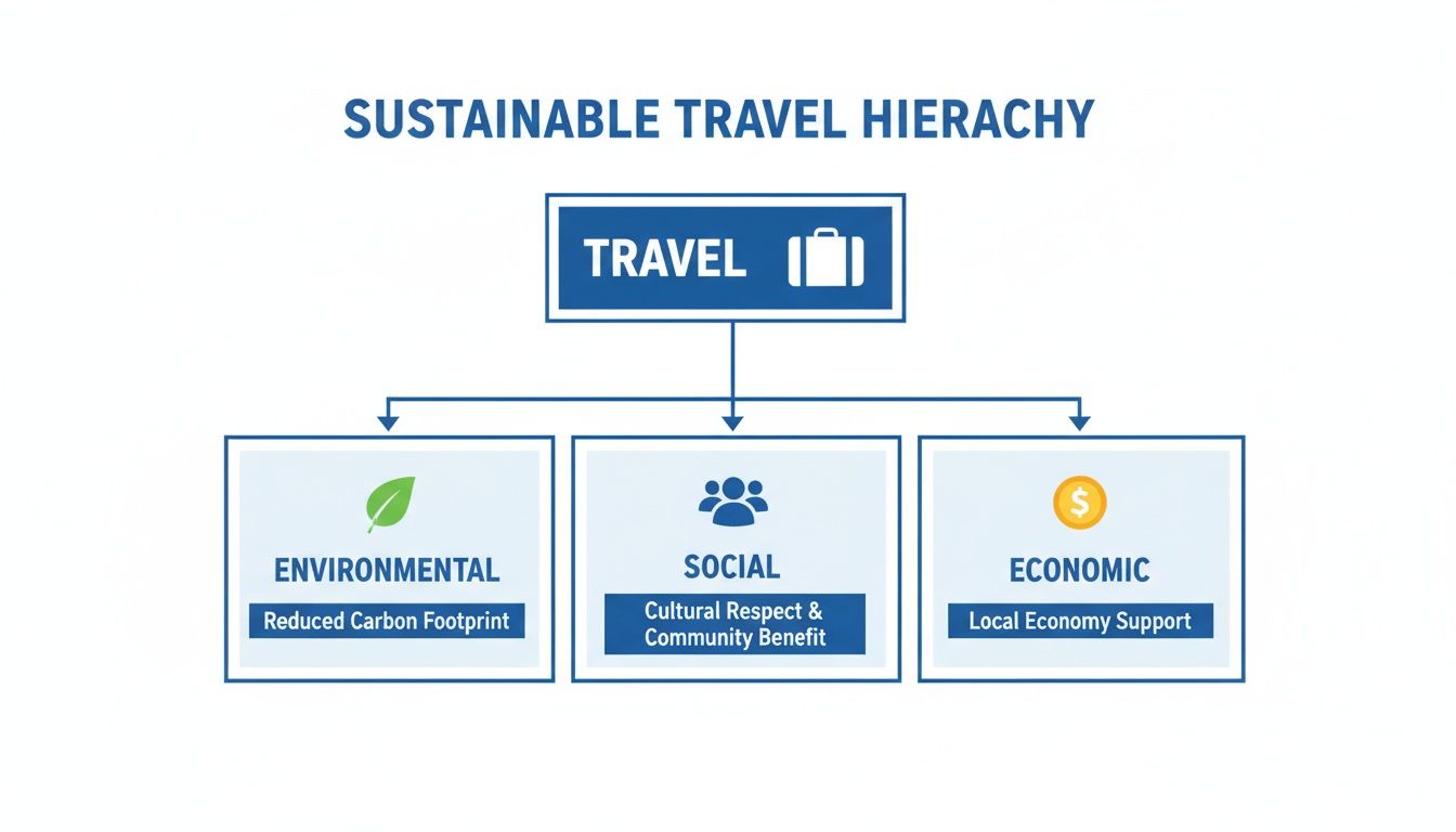 A sustainable travel hierarchy chart showing environmental, social, and economic pillars with their benefits.