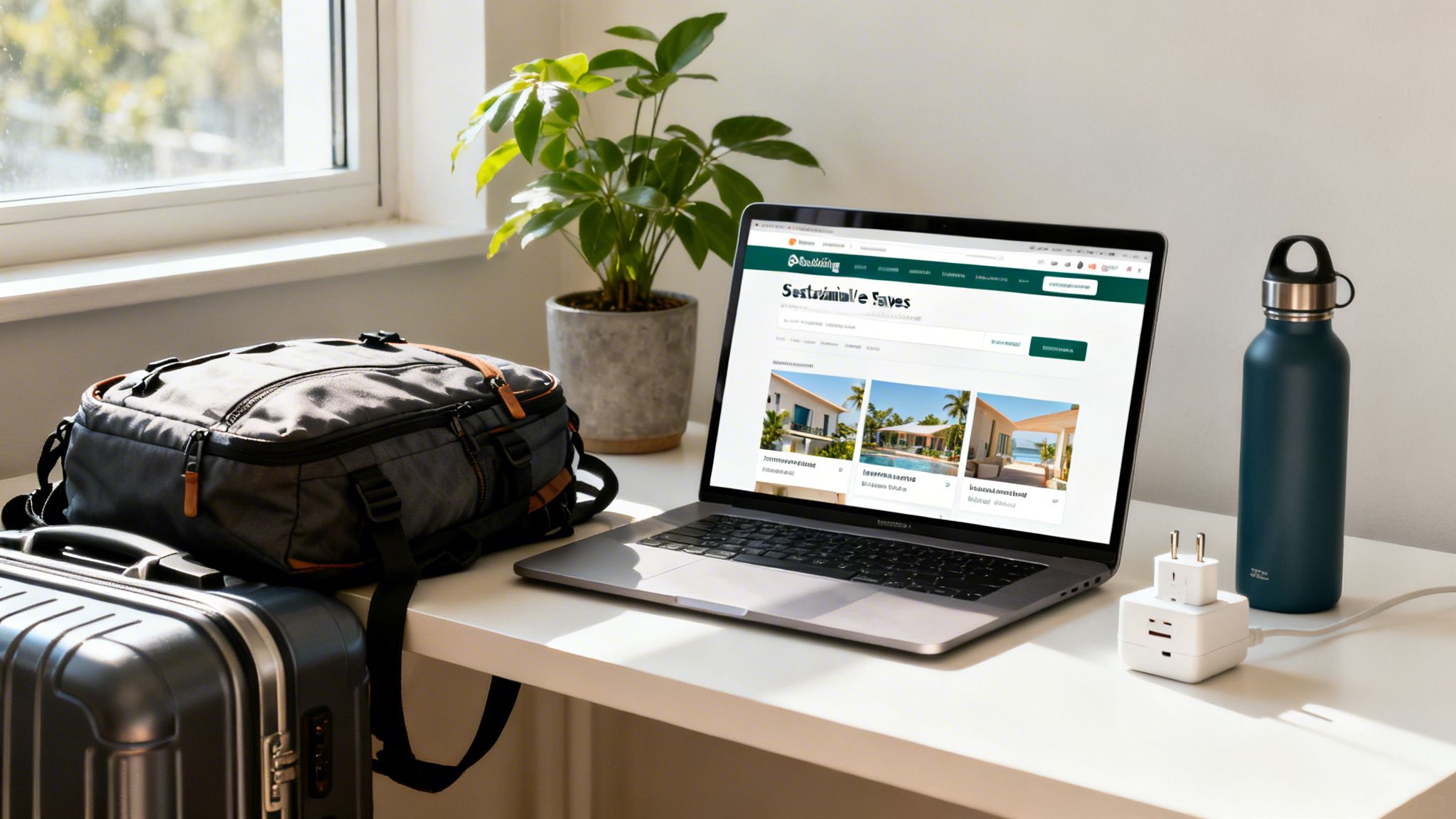 Eco friendly accommodations search on a laptop showing a “Sustainable Stays” website, with travel luggage and a reusable water bottle on the desk.