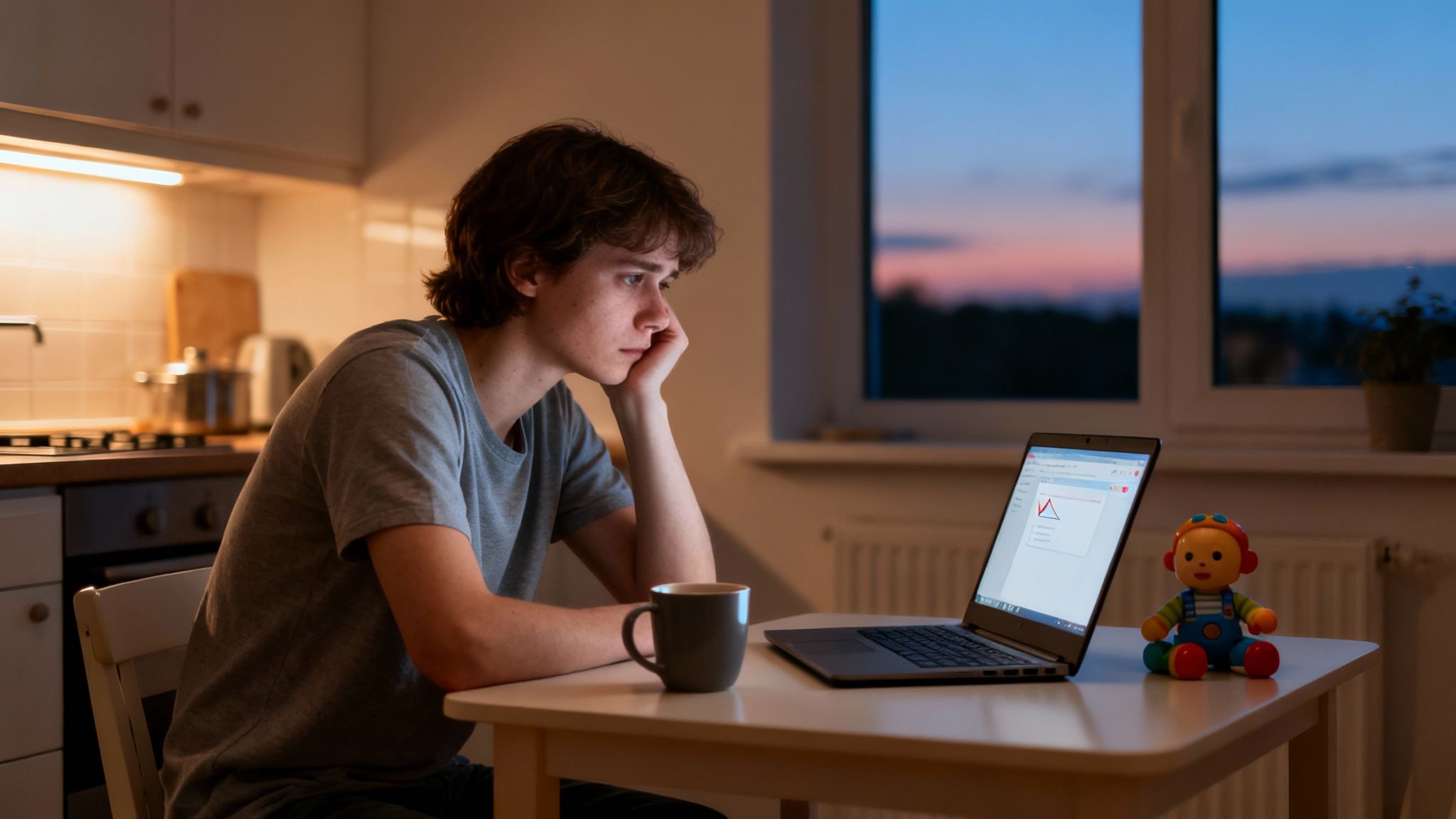 A young man with dark hair looks intently at a laptop in a dimly lit kitchen, demonstrating how to balance life and work.