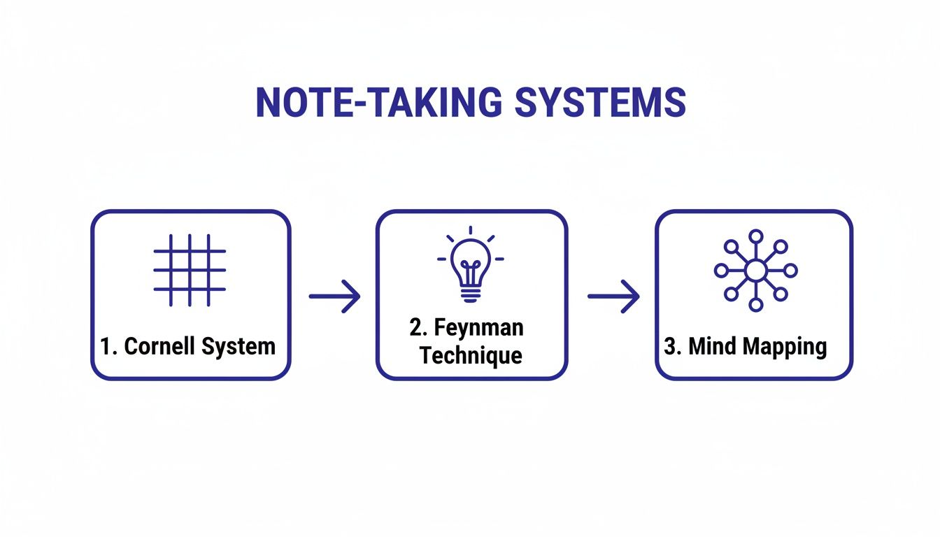 A diagram illustrating three note-taking systems: Cornell, Feynman Technique, and Mind Mapping.