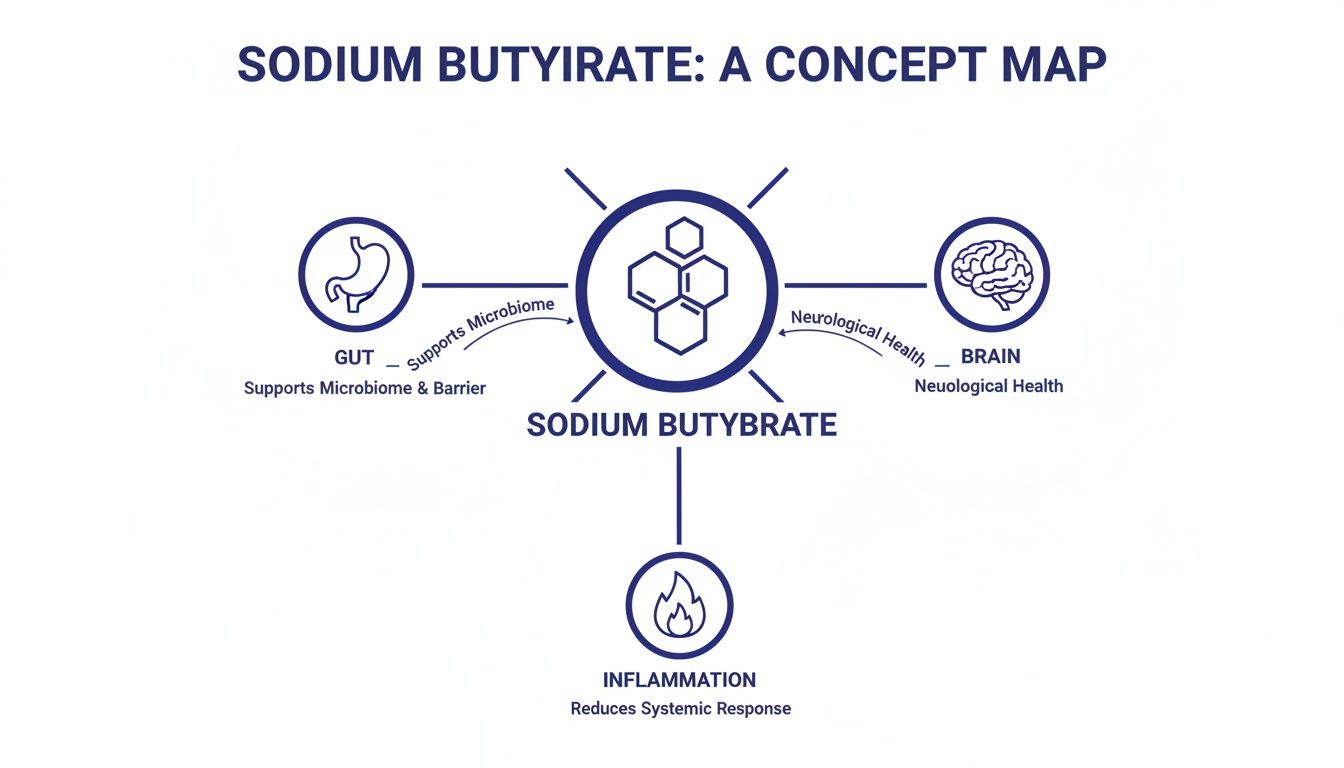 A concept map illustrating the benefits of Sodium Butyrate for gut microbiome, brain health, and reducing inflammation.