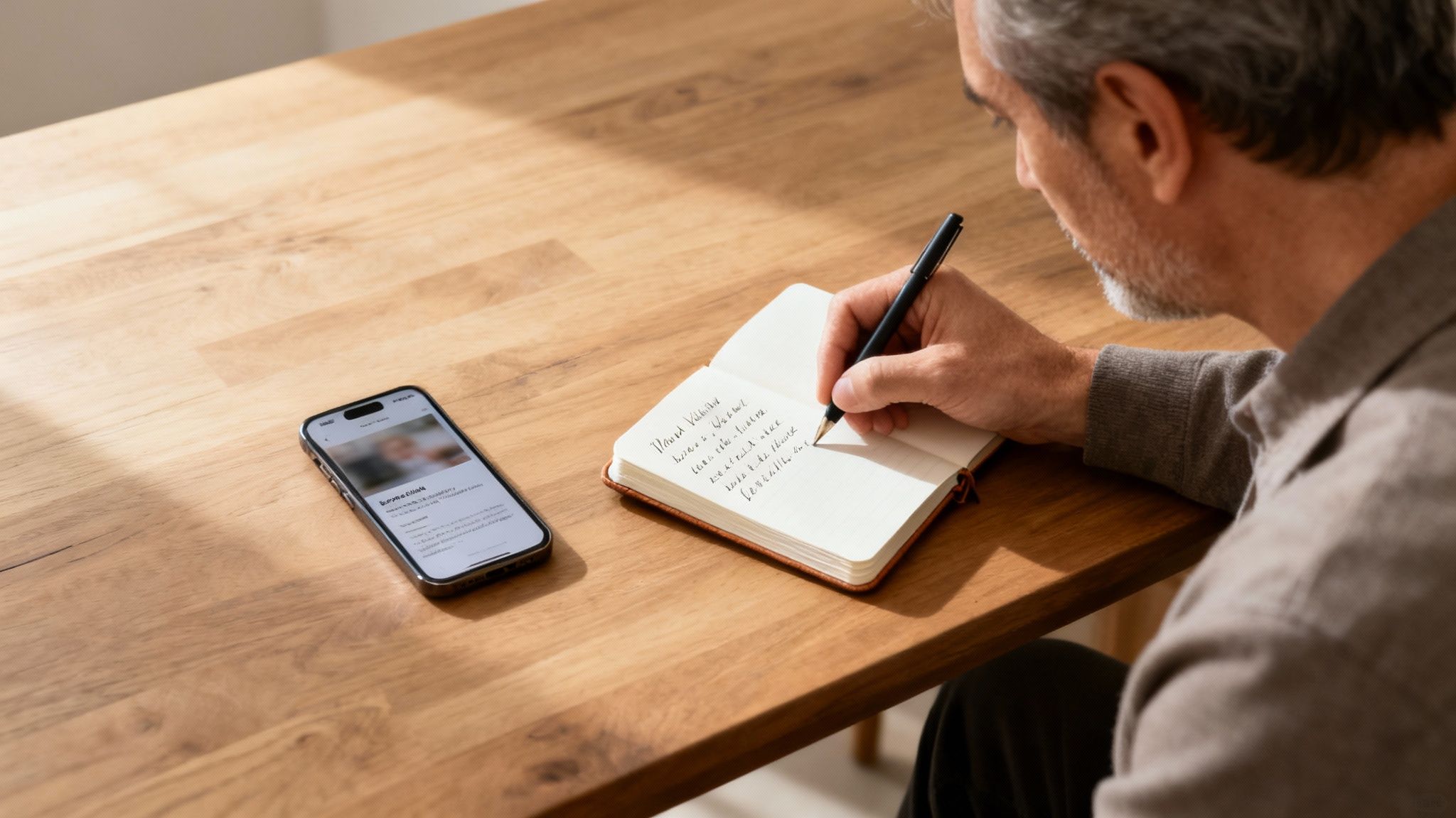 Prostavive reviews: gray-haired man writing notes in a small journal beside a smartphone on a wooden desk.