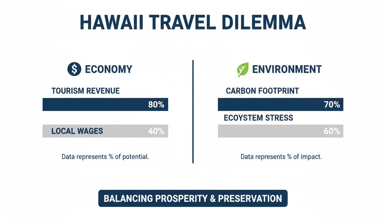 Infographic illustrating Hawaii's travel dilemma, comparing tourism's economic benefits and environmental impacts. The text includes the focus keyphrase "is it ethical to travel to hawaii right now".