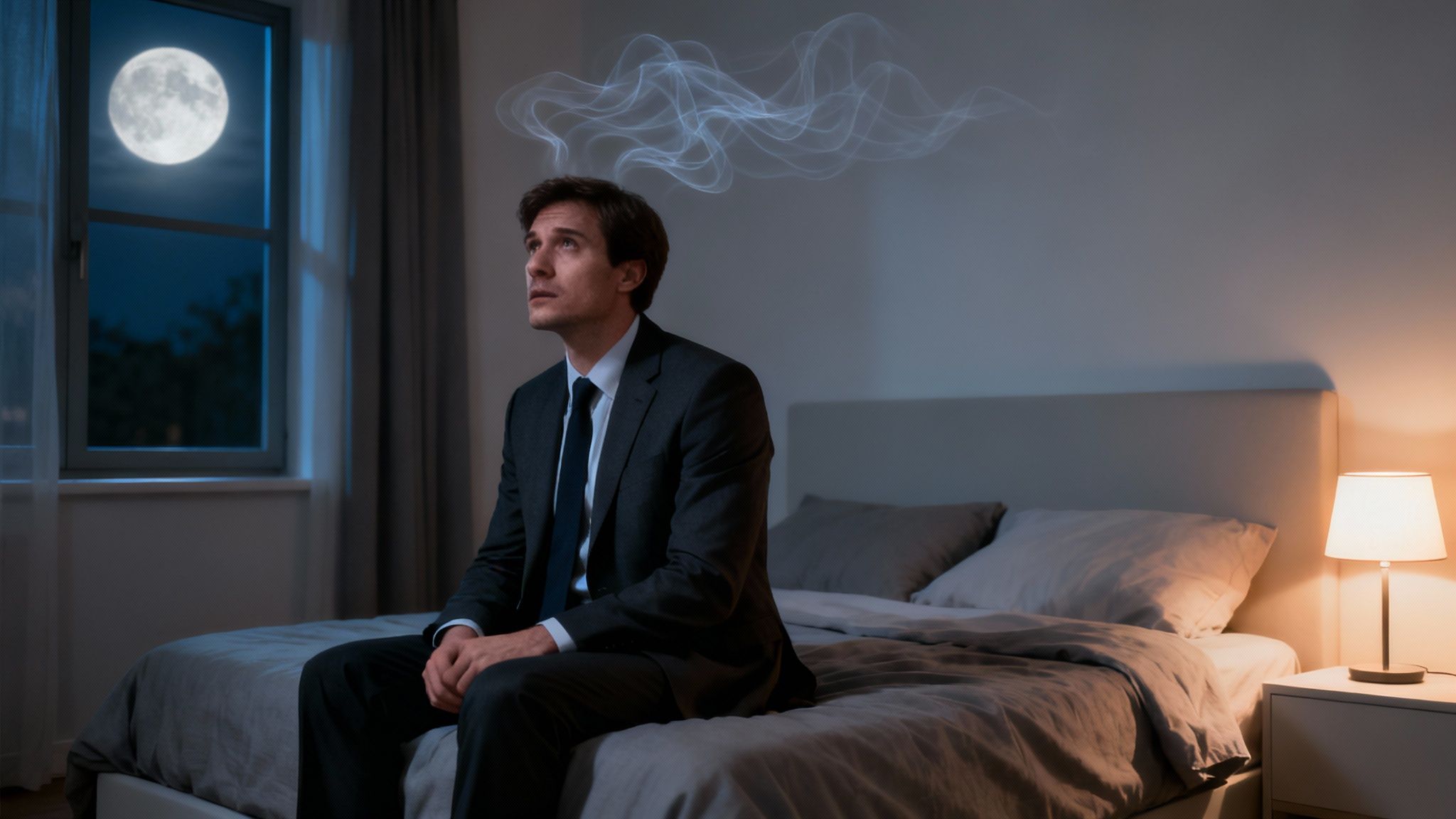 A man in a suit sits on a bed, looking up, with a full moon visible outside his window, trying to get some rest.