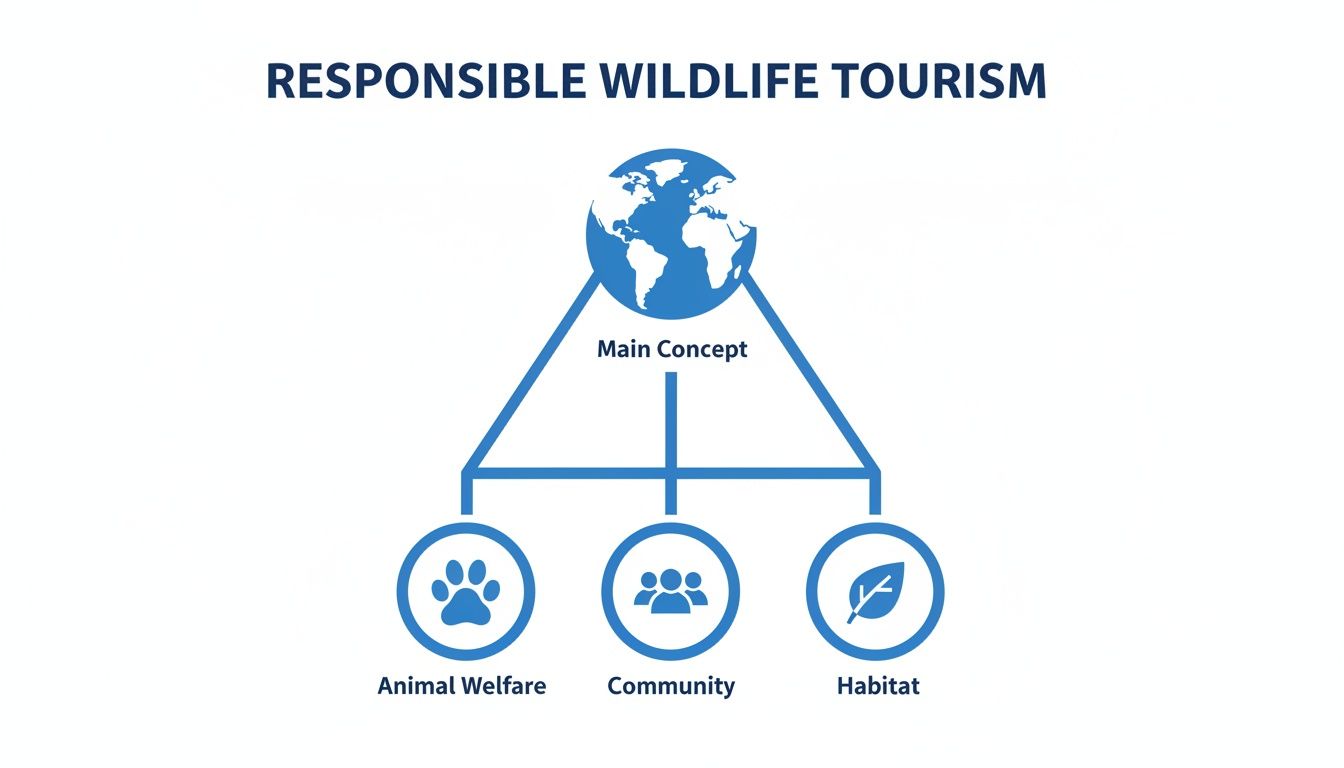 Diagram illustrating responsible wildlife tourism, highlighting animal welfare, community, and habitat as its main pillars.