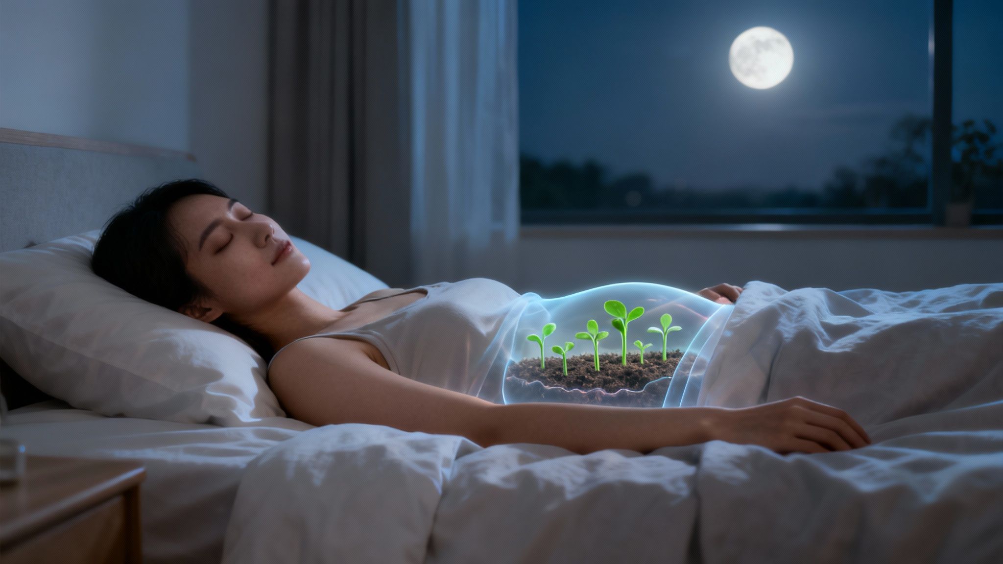 Can you take probiotics at night? A young woman sleeps peacefully as symbolic green sprouts appear over her abdomen, suggesting gut health support.