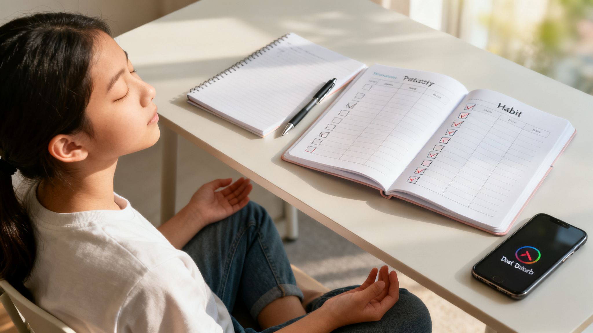A young person meditates at a desk with a habit tracker notebook and a phone in do not disturb mode, demonstrating how to stop multitasking.