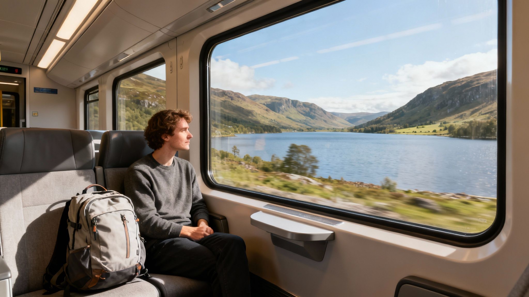 Scotland trip cost rail travel scene with a man on a train looking out at a mountain-and-lake landscape through the window.