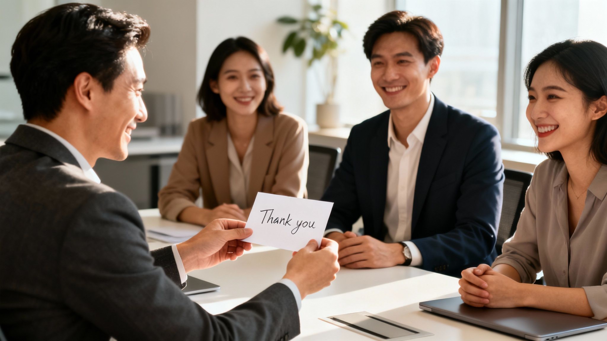 Attitude of gratitude shown as a businessman holds a thank you card with smiling colleagues in an office