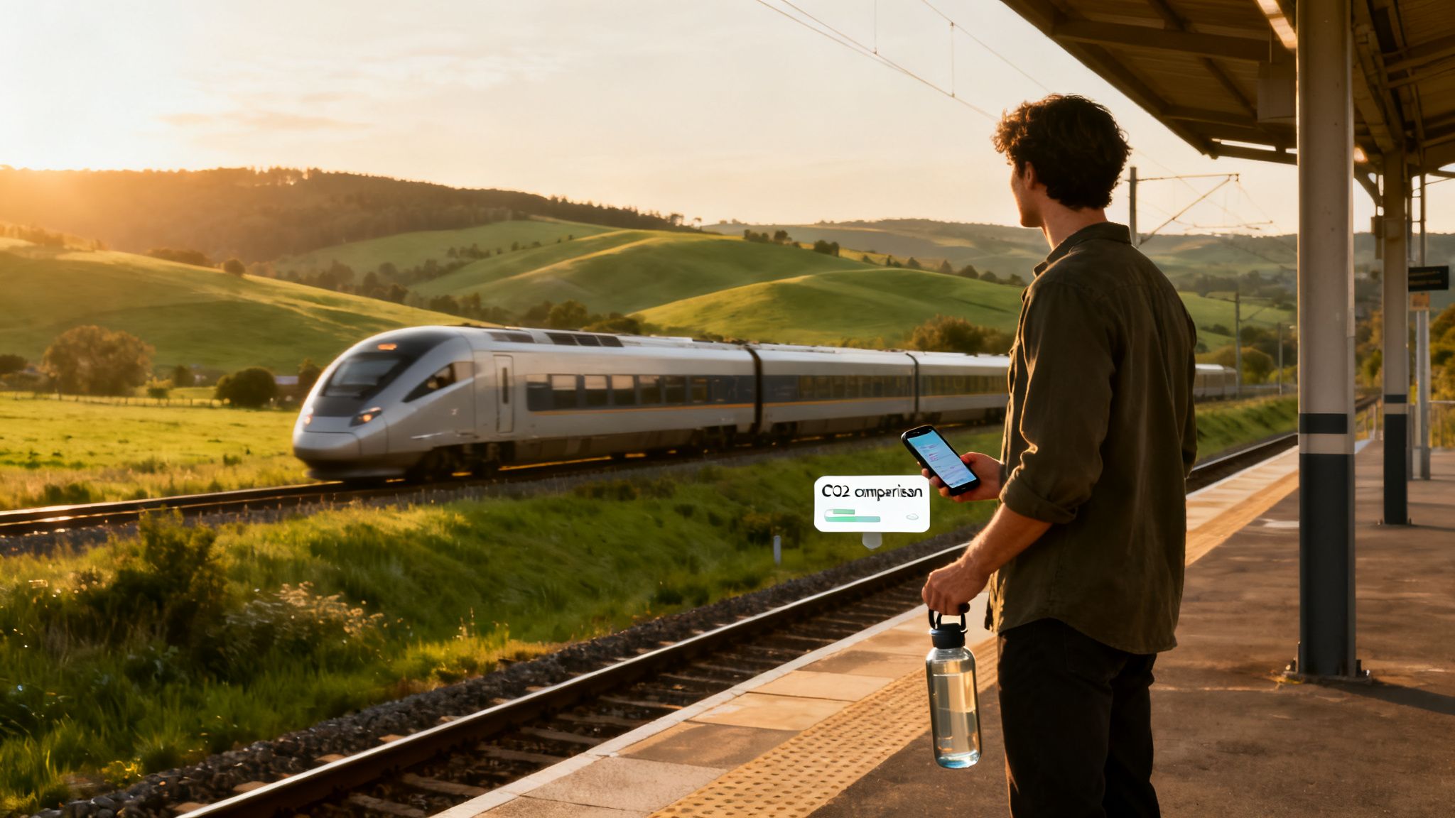 Man on a train platform watching a high-speed train speed through green hills at sunset while holding a phone showing a CO₂ comparison, for rail journey planner Europe research.