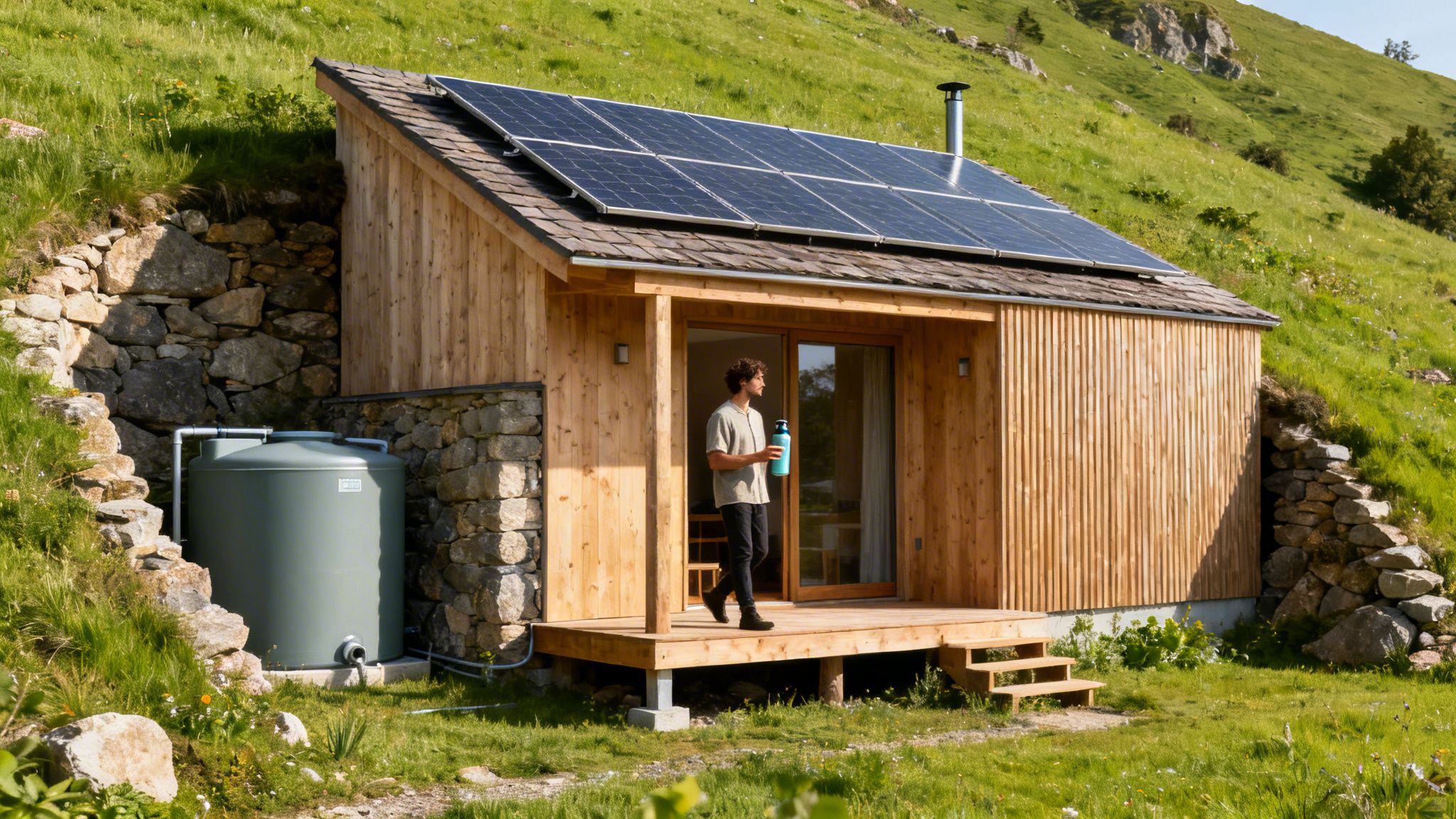 Eco friendly accommodations at an off-grid wooden cabin with solar panels and a large water tank, with a man standing on the porch.