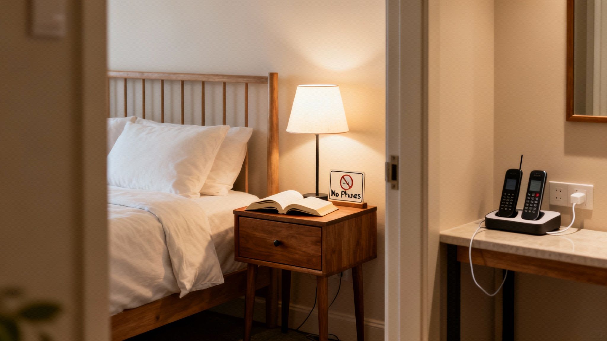 Digital detox tips — cozy bedroom with a wooden bed, nightstand, warm lamp, open book, and a “No Phones” sign, representing a phone-free bedroom zone for better sleep and focus.
