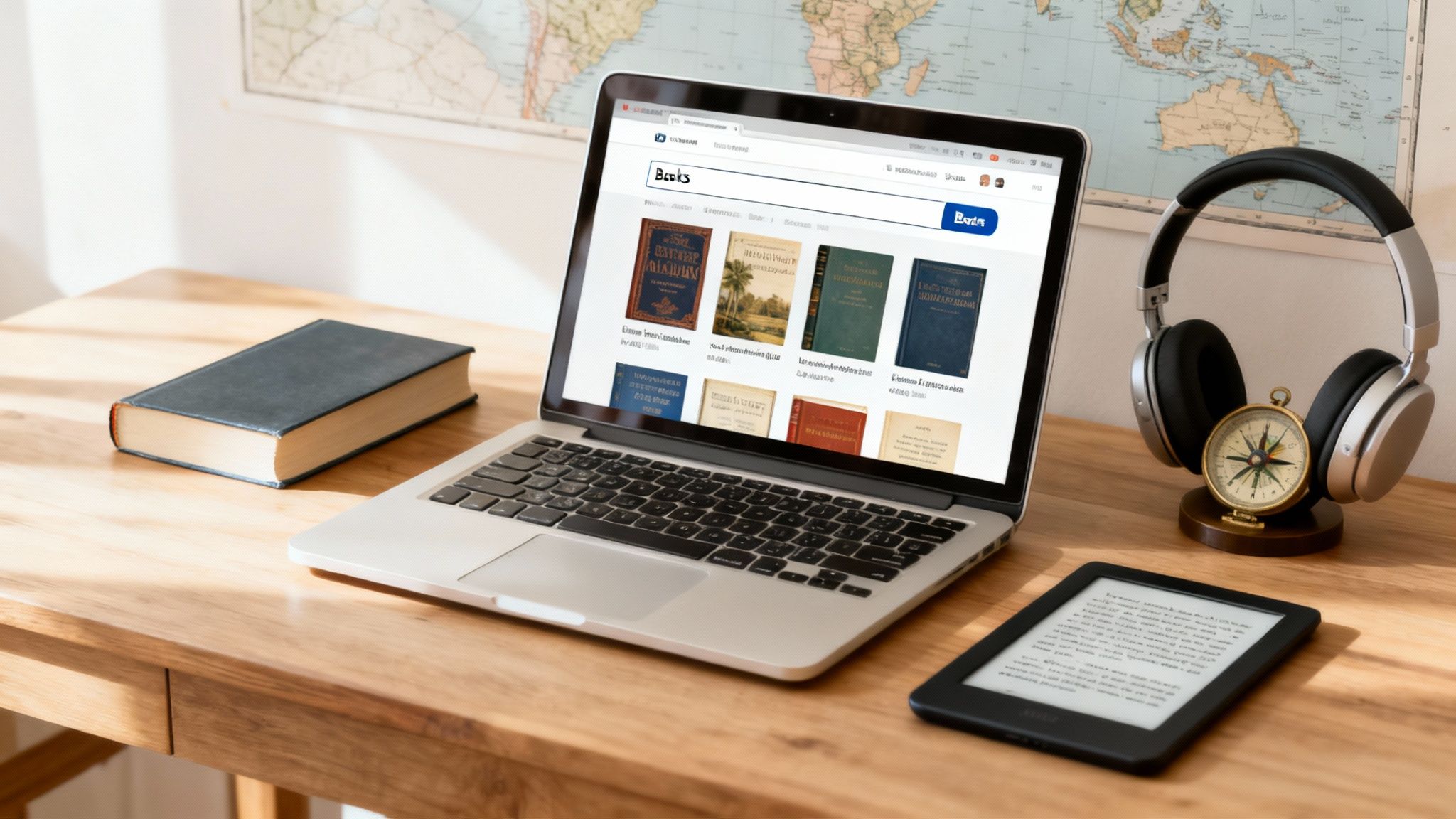 Amazon books on a wooden desk with a laptop showing a book search website, an e-reader, a physical book, and headphones for audiobook listening.