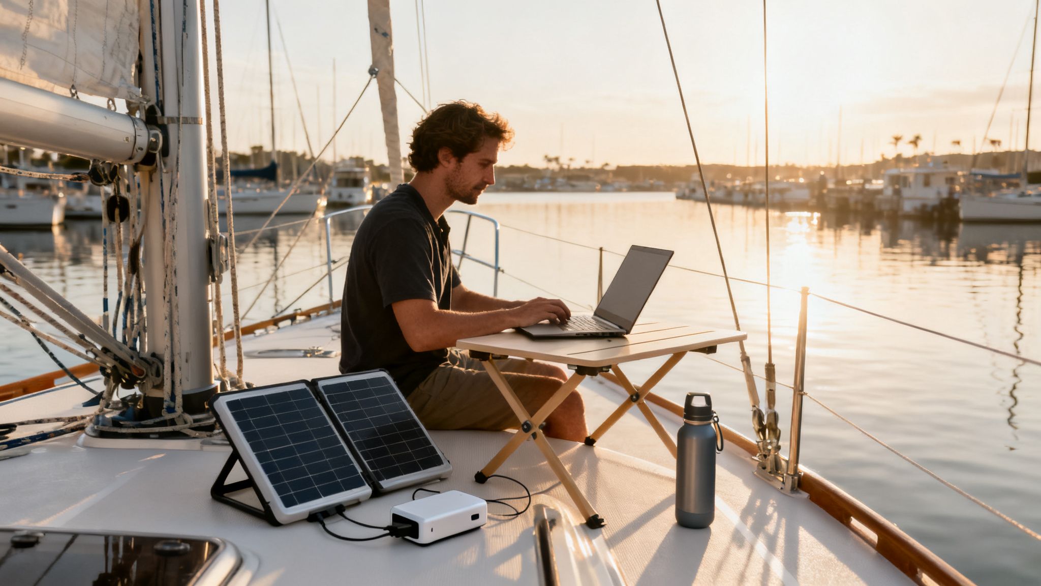 Man working on a laptop on a sailboat at sunset, using portable solar panels for power during a wind sailing trip.