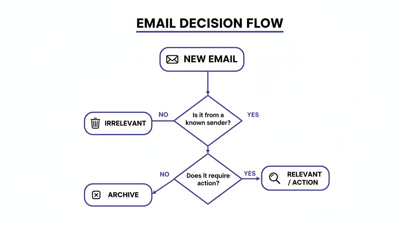 A flowchart illustrating an email decision-making process for managing new emails.