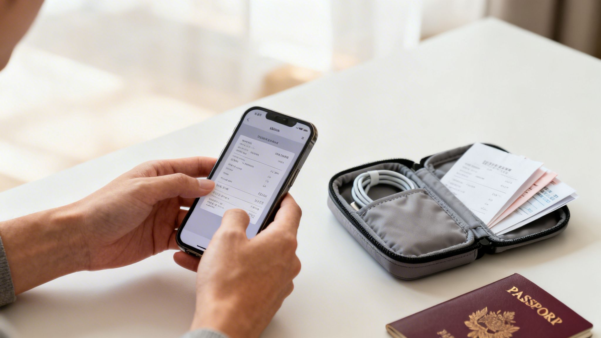 Hands holding a smartphone with expense data beside travel receipts, a charging cable, and a passport—can you recycle receipts.