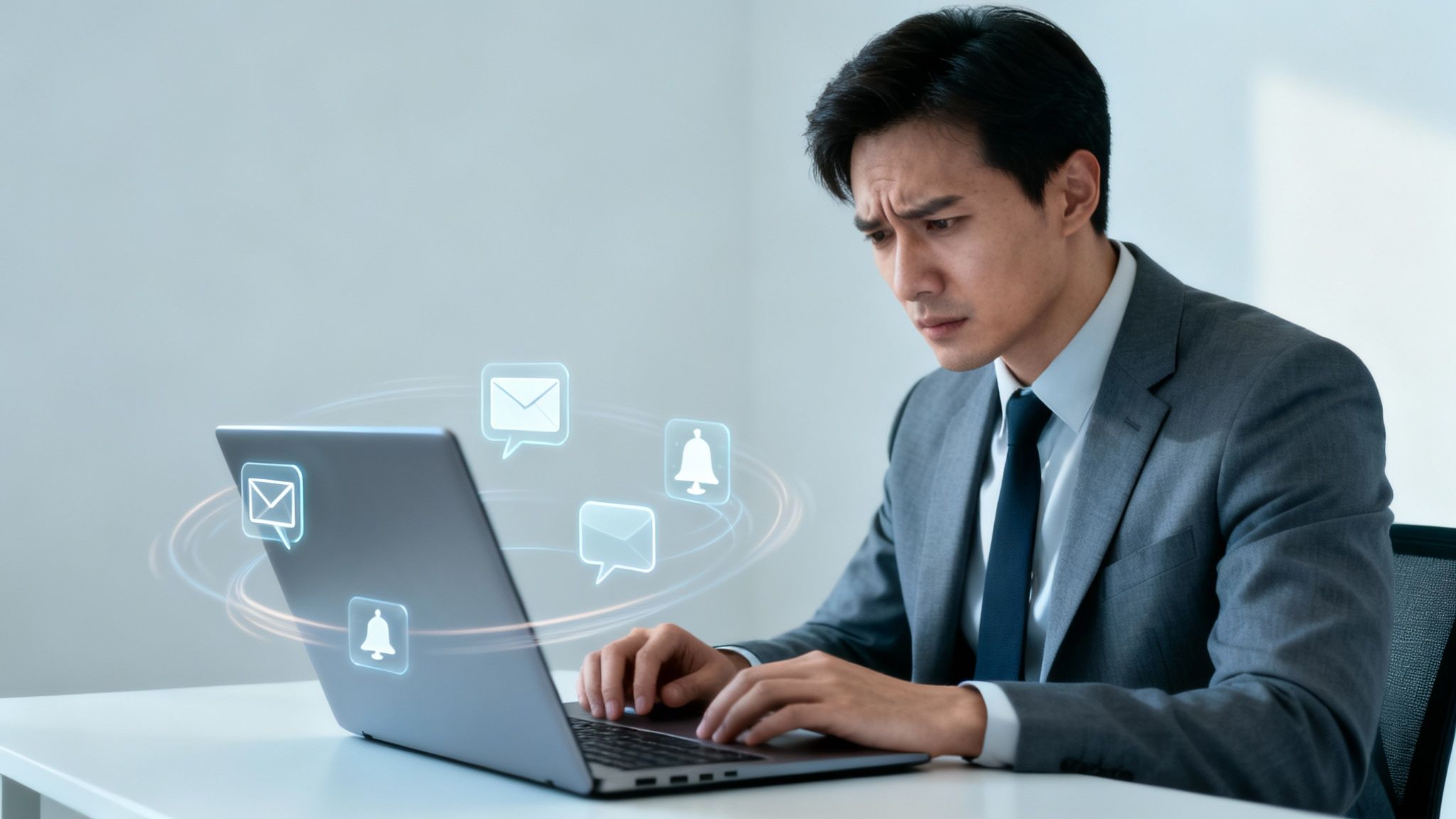 Stressed businessman looking intently at a laptop, surrounded by glowing email and notification icons, symbolizing digital overload that hinders improving focus and concentration.