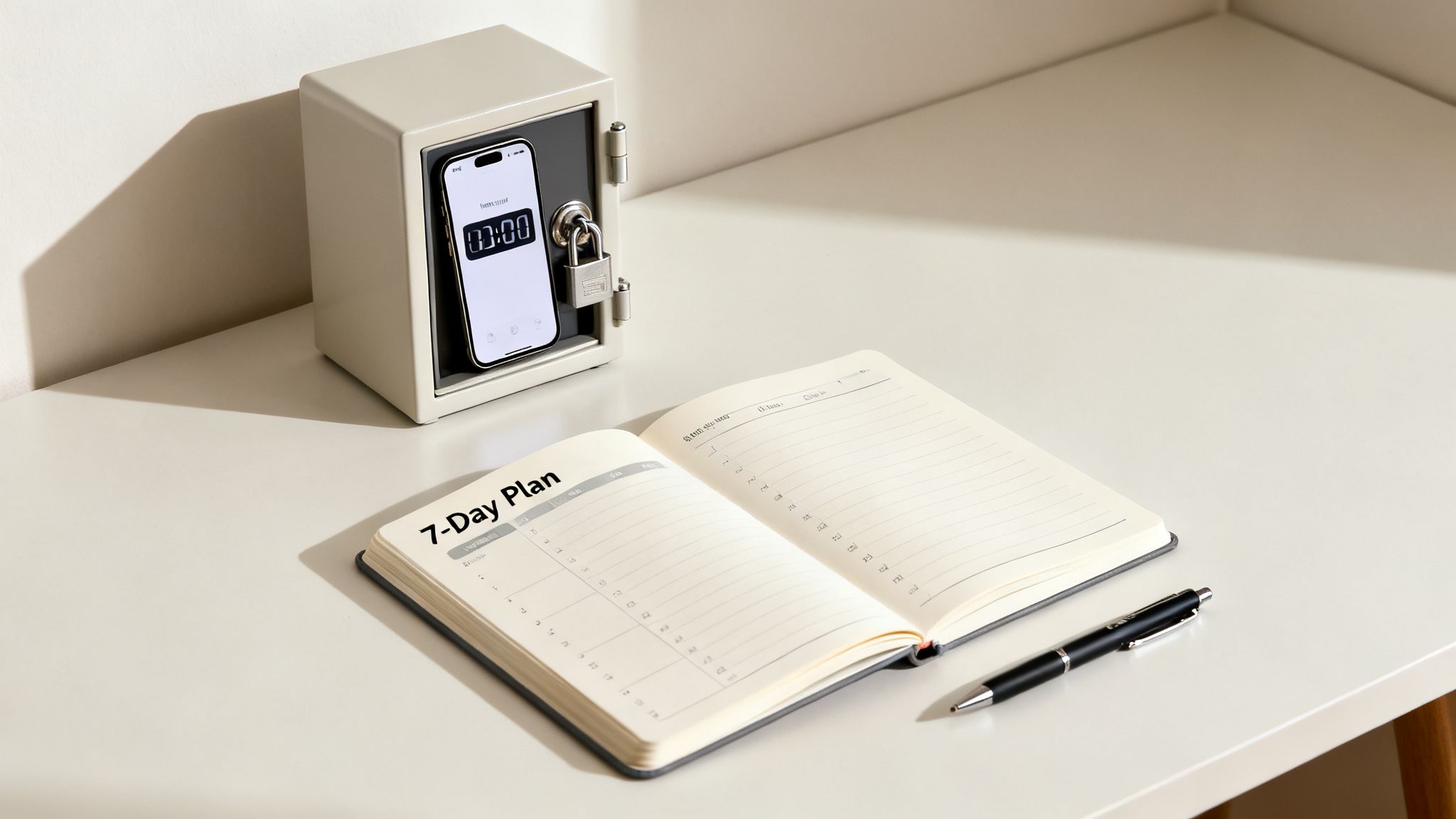 Smartphone locked in a small safe with a timer beside an open planner and pen on a white desk, showing social media detox benefits through a structured digital detox routine.