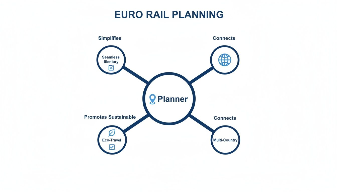Diagram showing Euro Rail Planning benefits: seamless itineraries, global connections, eco-travel, and multi-country routes.