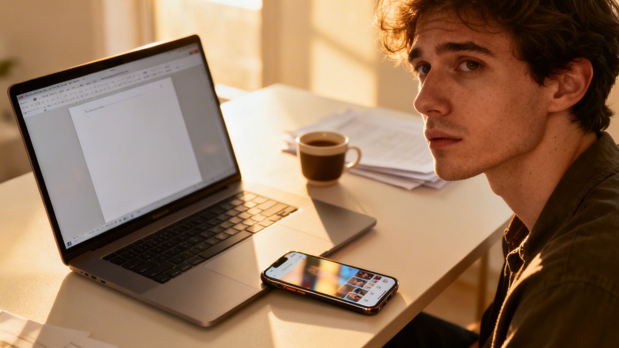 Young man at a desk with a laptop and phone, looking up in warm sunlight while breaking social media addiction.