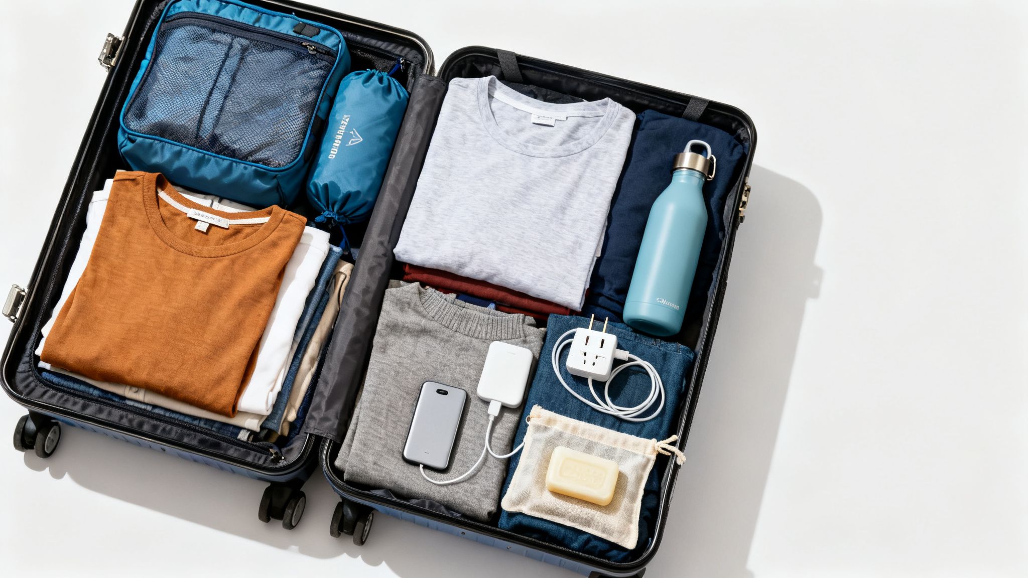 Best affordable carry on luggage shown as an open blue carry-on suitcase packed with neatly folded clothes, travel accessories, and electronics for a trip.