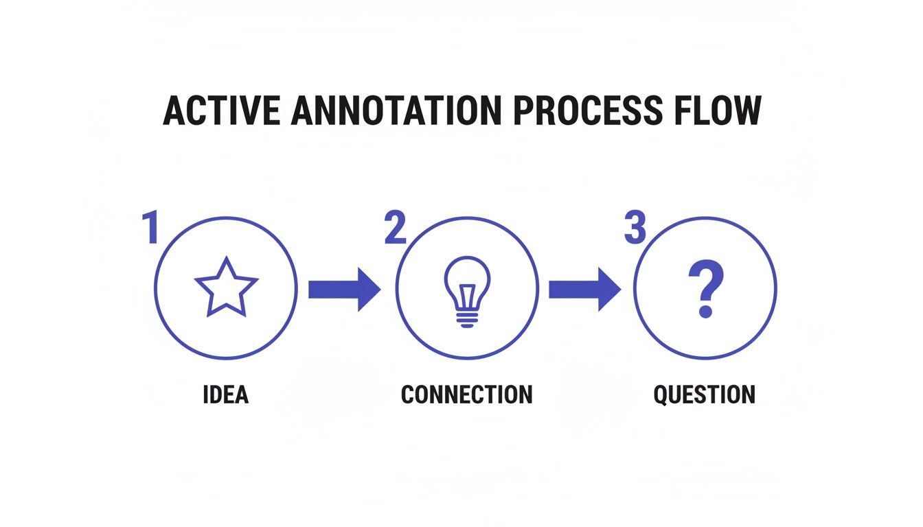 A three-step active annotation process flow: Idea (star), Connection (lightbulb), and Question (question mark), a key strategy for note taking from books.