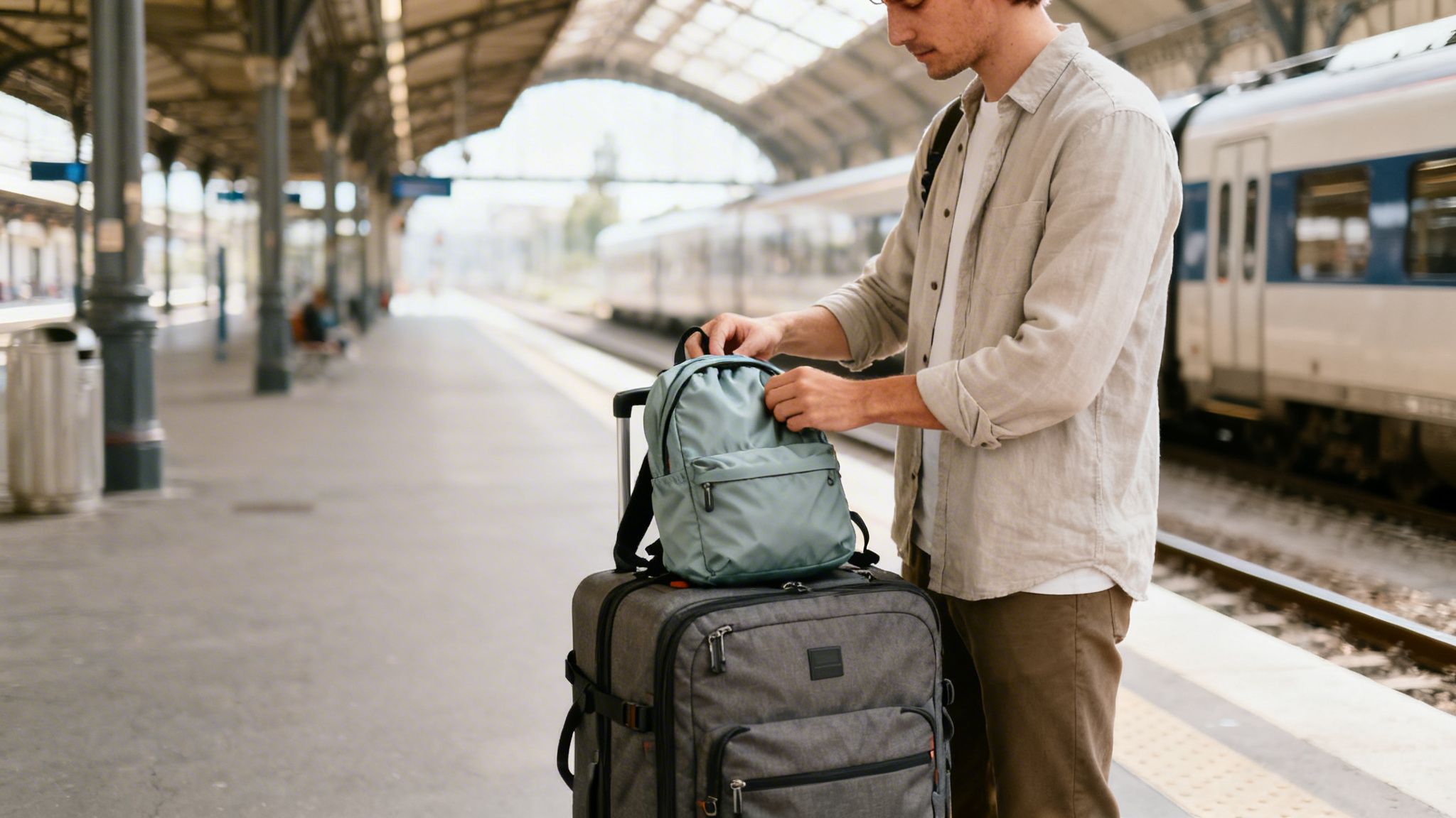 Best packable daypack carried by a man adjusting a light blue backpack on a grey suitcase at a train platform with a train in the background.