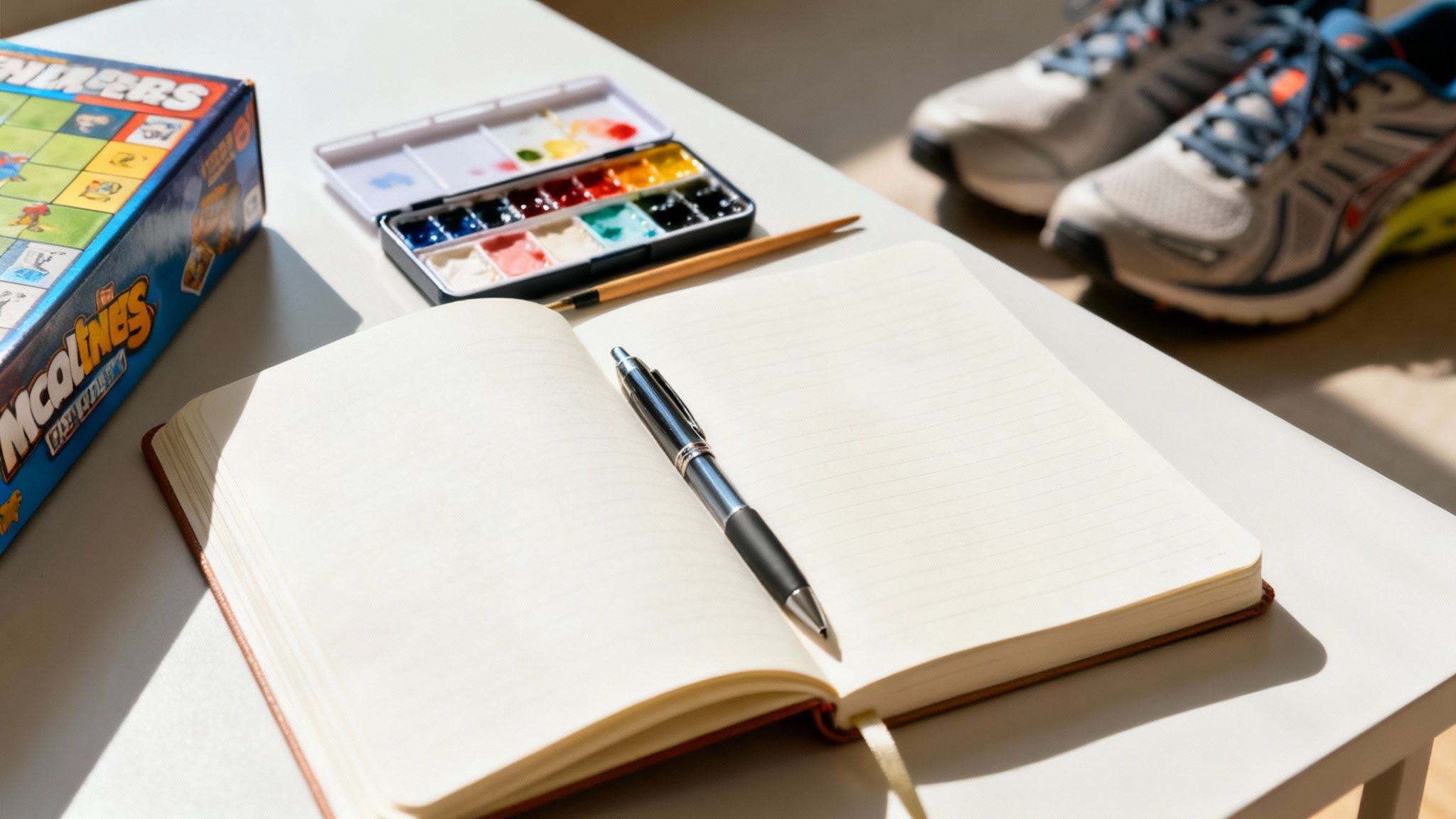 Digital detox tips — a desk with an open notebook, pen, watercolor palette, a board game, and running shoes set out for an offline reset.