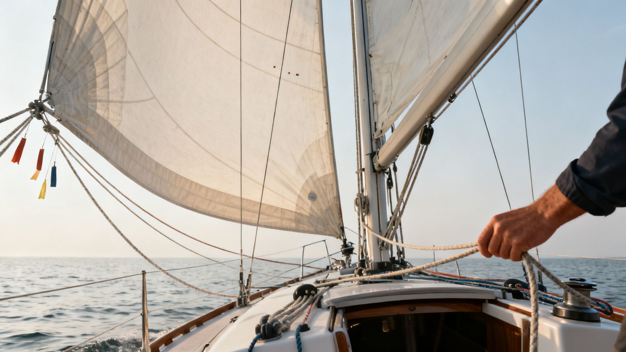 A sailor's hand on a rope controlling the sail of a boat on the water, essential for sailing against the wind.